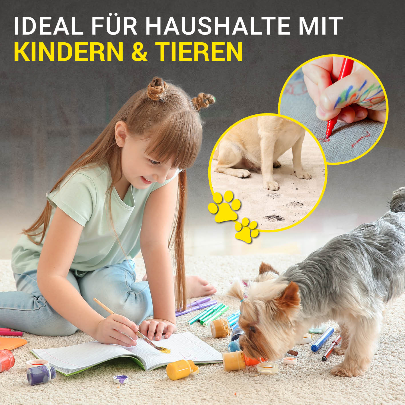 Polster- & Teppichreiniger entfernt Flecken und Schmutz zuverlässig aus Teppichen und Polstern – ideal für Haushalte mit Kindern und Tieren.