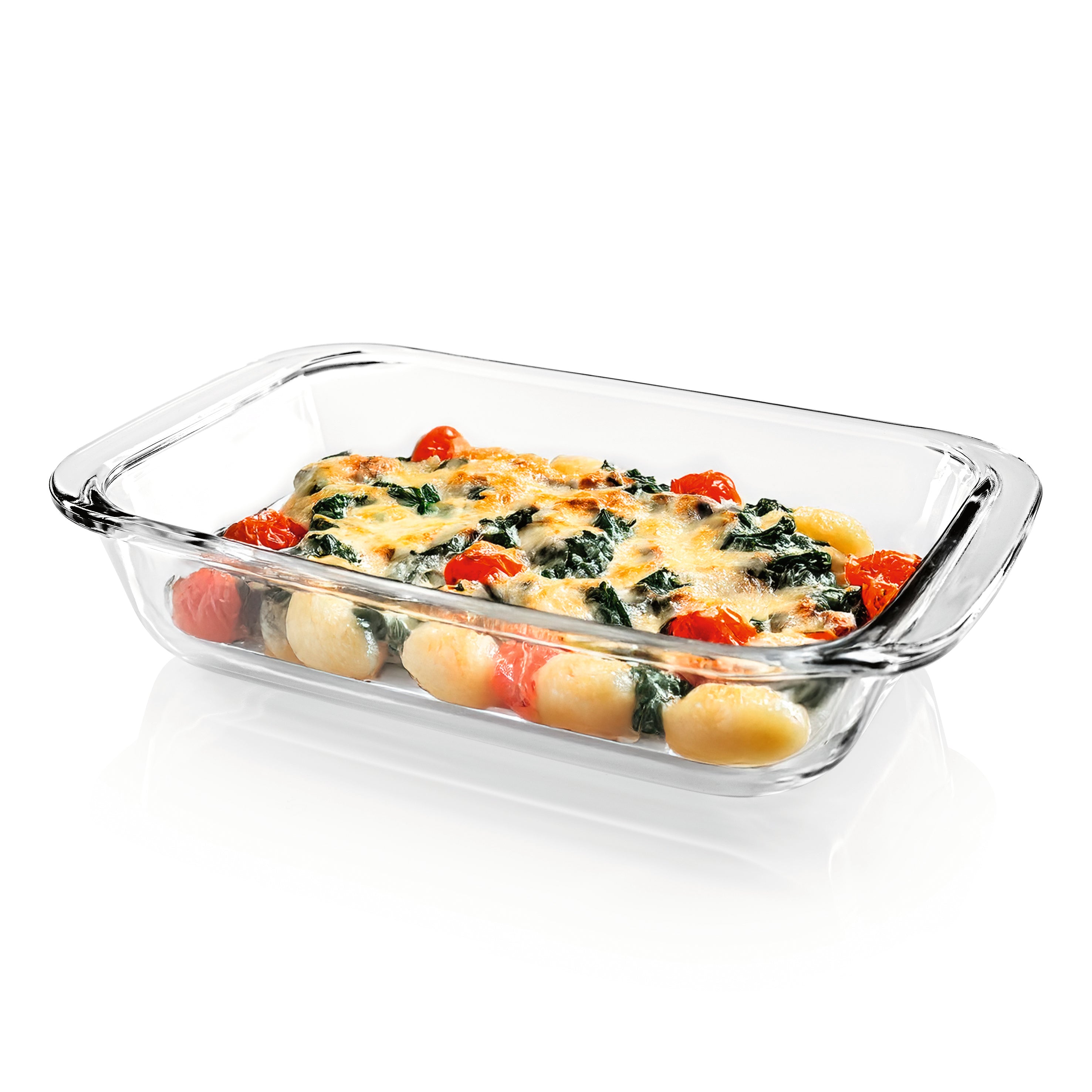 Glas-Auflaufform für Heißluftfritteuse & Backofen - 23 x 15 x 4,5 cm - 800 ml mit gebackenem Gemüse und Käsefüllung.