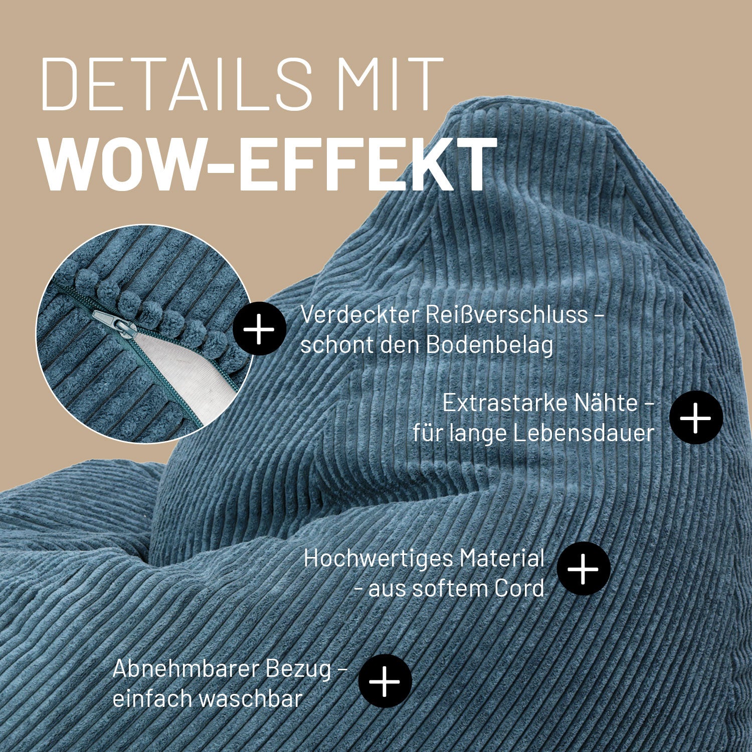 Sitzsack GIANT aus der Cord-Reihe - Navyblau mit verdecktem Reißverschluss, robusten Nähten und abnehmbarem, waschbarem Cord-Bezug.