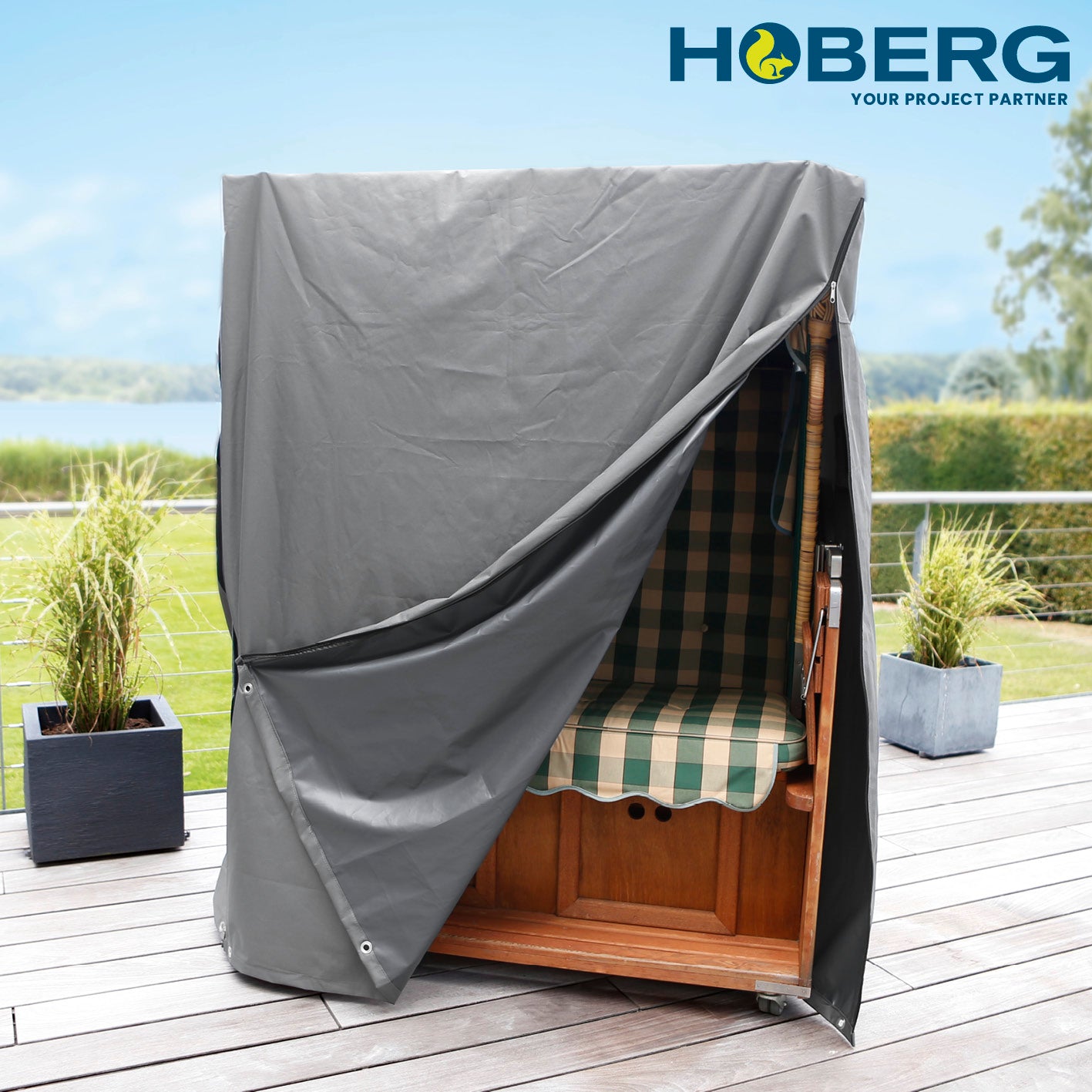 Strandkorb Schutzhülle L/XL - 140 x 100 x 165/140 cm - grau, wasserfest, UV-beständig, luftdurchlässig mit Ventilationsfenstern, robustes 600D Material.