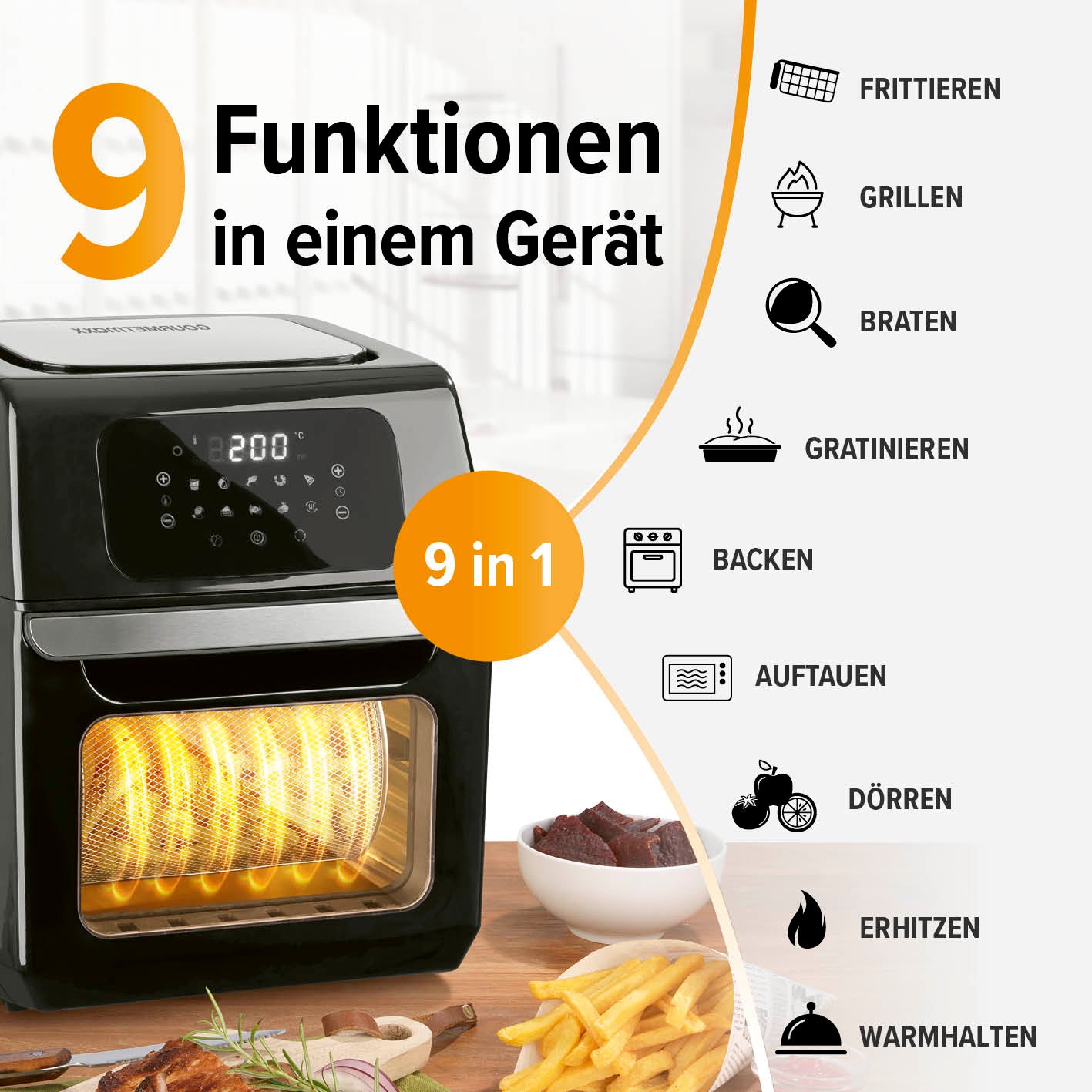 Digitale Heißluftfritteuse - 12 l - Schwarz mit 9 Funktionen wie Frittieren, Grillen, Backen und Warmhalten in einem Gerät.