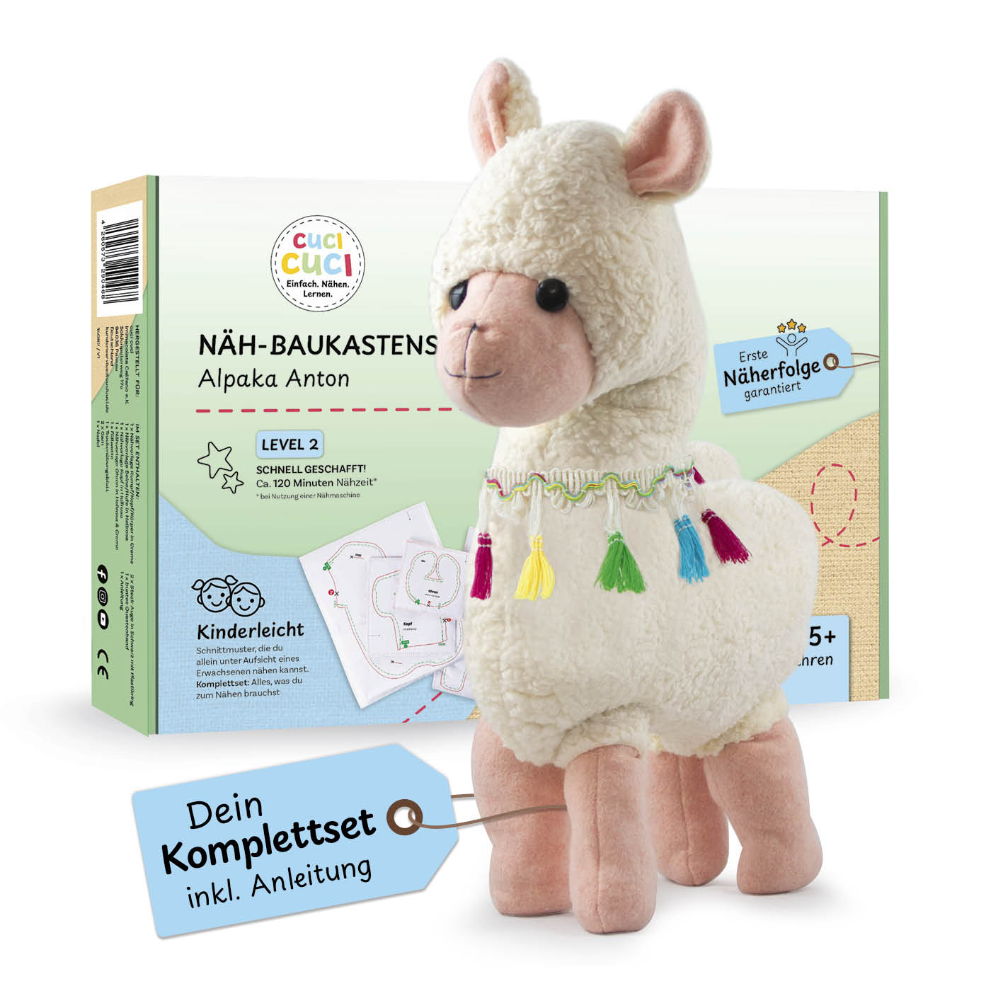 Näh-Baukastenset - 4 Motive Alpaka, Herz, Einhorn & Pferd, Kinderleichtes Nähset für erste Nähmaschinen-Erfahrungen ab 5 Jahren.