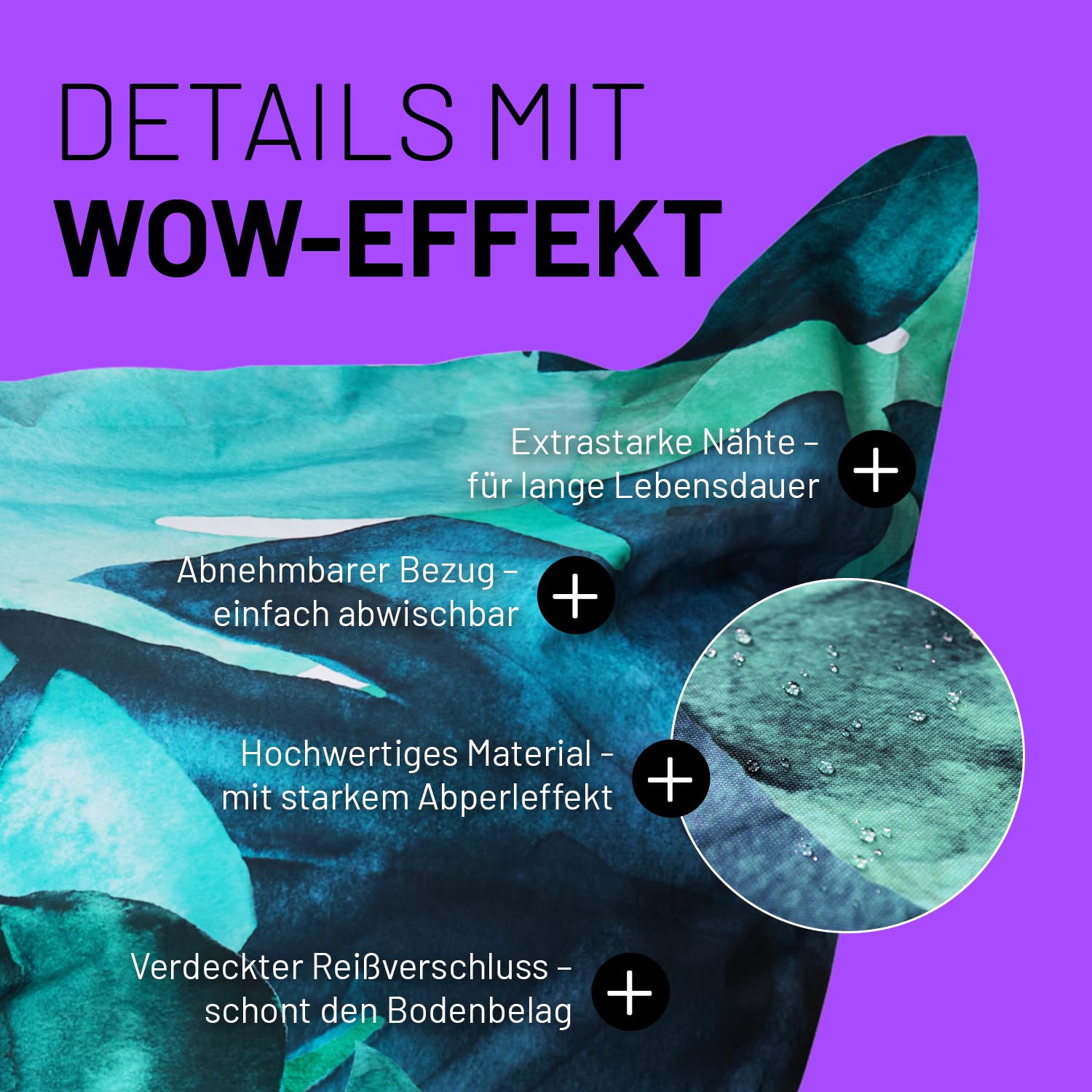 Sitzsack Classic XXL (380 L) Special Edition Botanical mit abnehmbarem Bezug, extrastarken Nähten, Abperleffekt und verdecktem Reißverschluss.