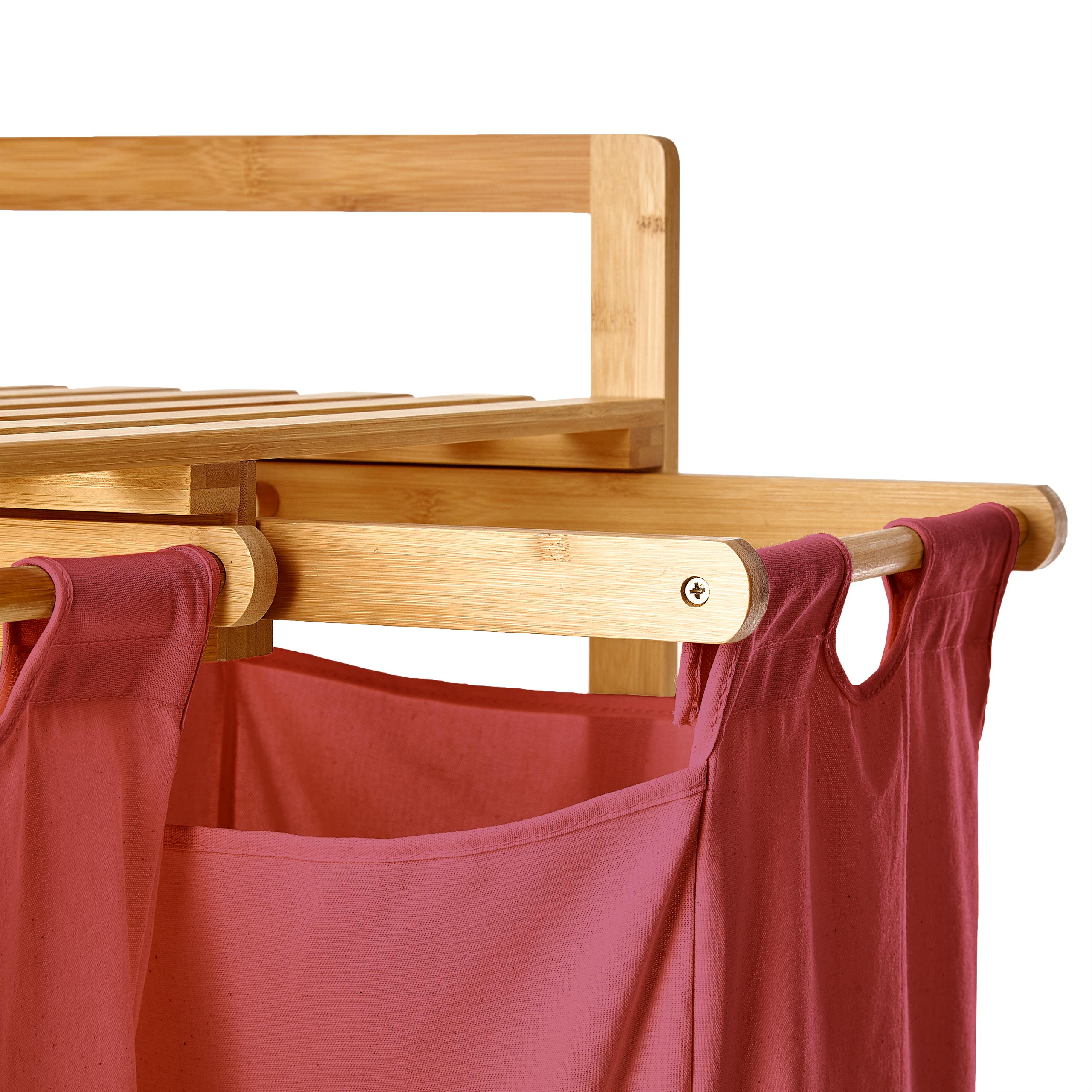 Bambus Wäschekorb mit 2 ausziehbaren rosa Wäschesäcken, 73 x 64 x 33 cm, stabil, stilvoll und pflegeleicht.