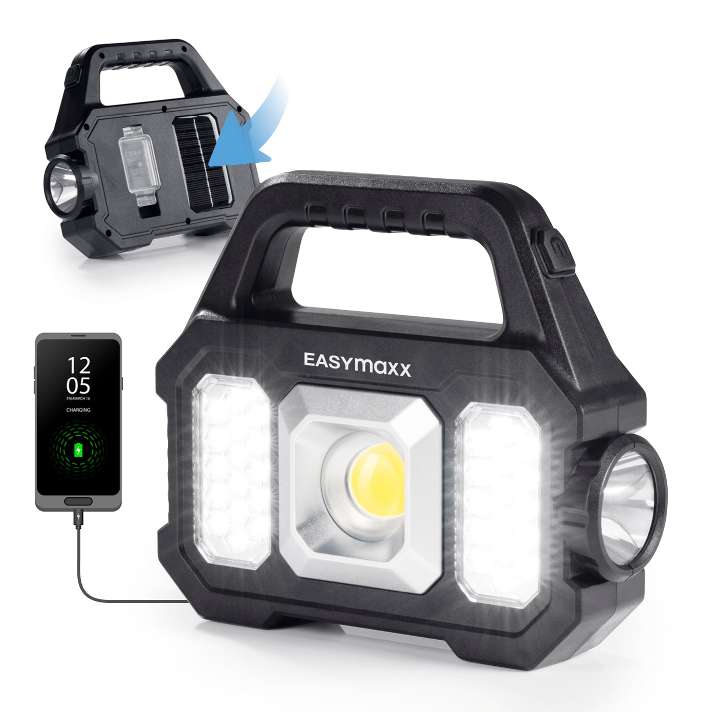 Solar-Arbeitsleuchte mobil - Schwarz mit Solarpanel, USB-Laden, 3 Lichtarten und 6 Modi für vielseitigen Einsatz unterwegs.