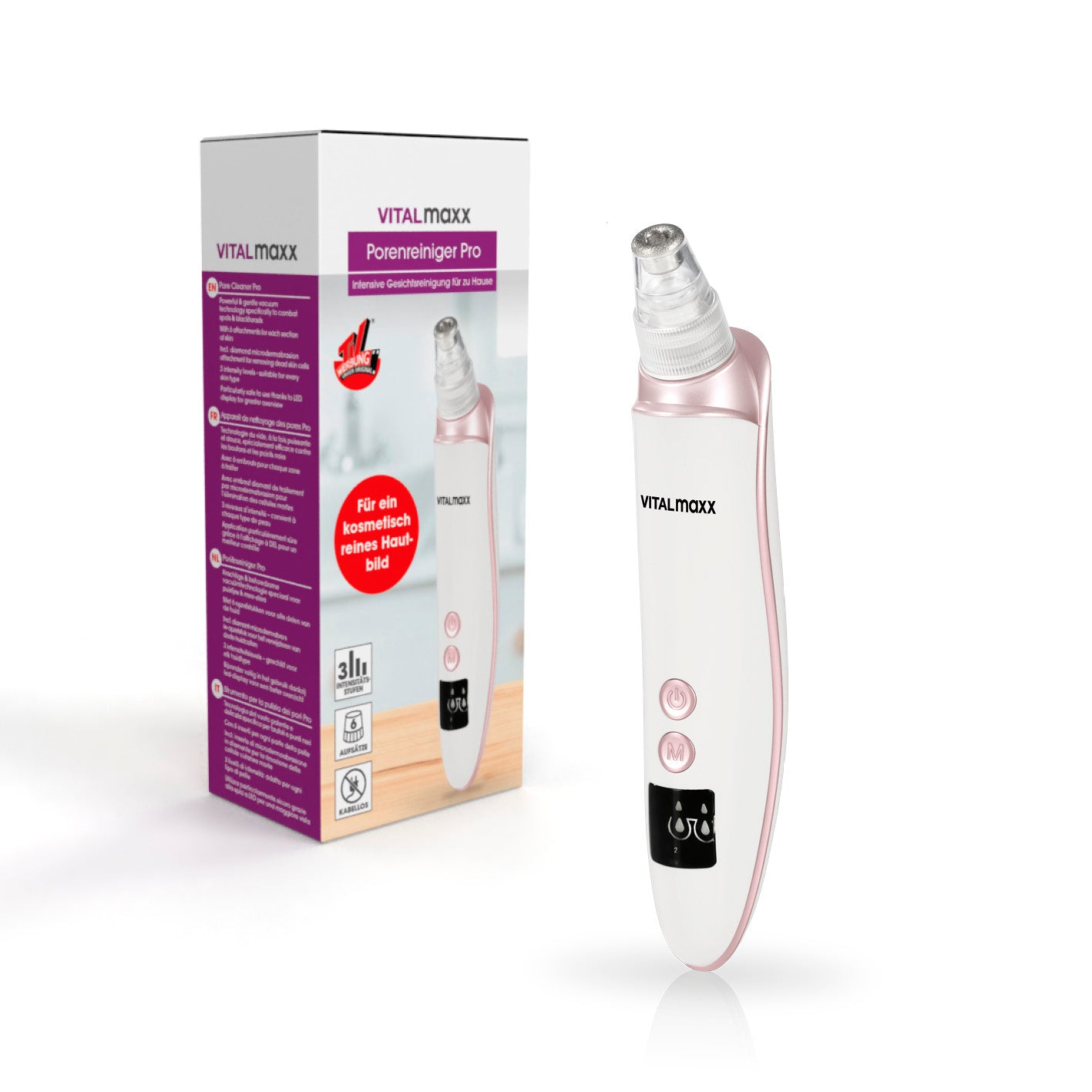 Porenreiniger Professional 6in1 - weiß mit Vakuumtechnologie und Diamant-Mikrodermabrasions-Aufsatz für sanfte Hautreinigung.