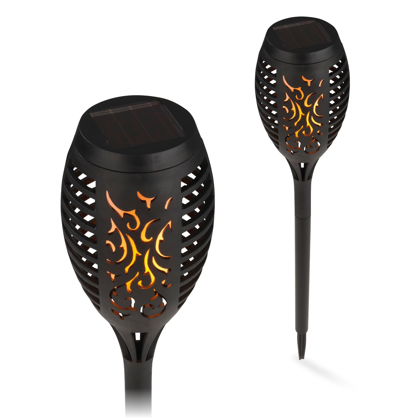Solar-Fackel LED mit Erdspieß und Clip - 2er-Set mit Flammeneffekt, wetterbeständig und solarbetrieben für Außenbereiche.