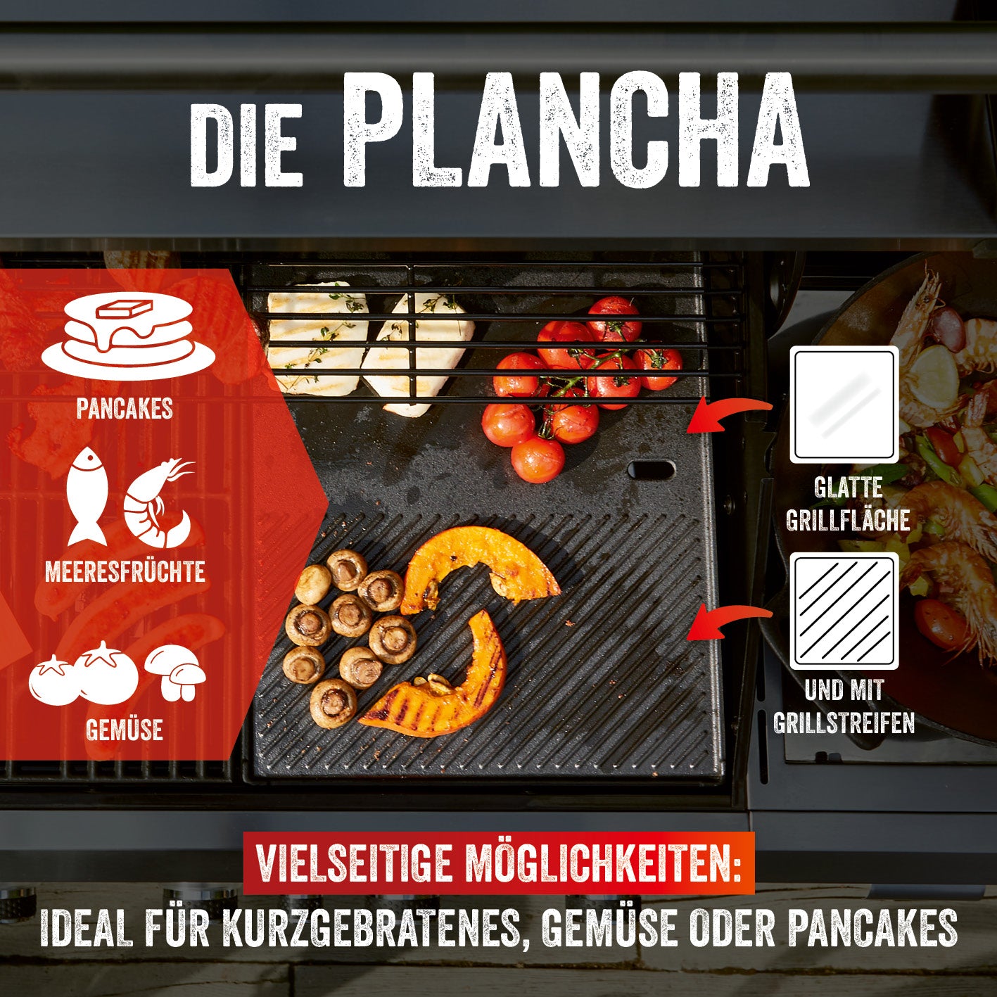 Gasgrill Rexon 6.1 cooK - Edelstahl mit Plancha-Grillfläche, ideal für Pancakes, Gemüse und Meeresfrüchte vielseitig einsetzbar.
