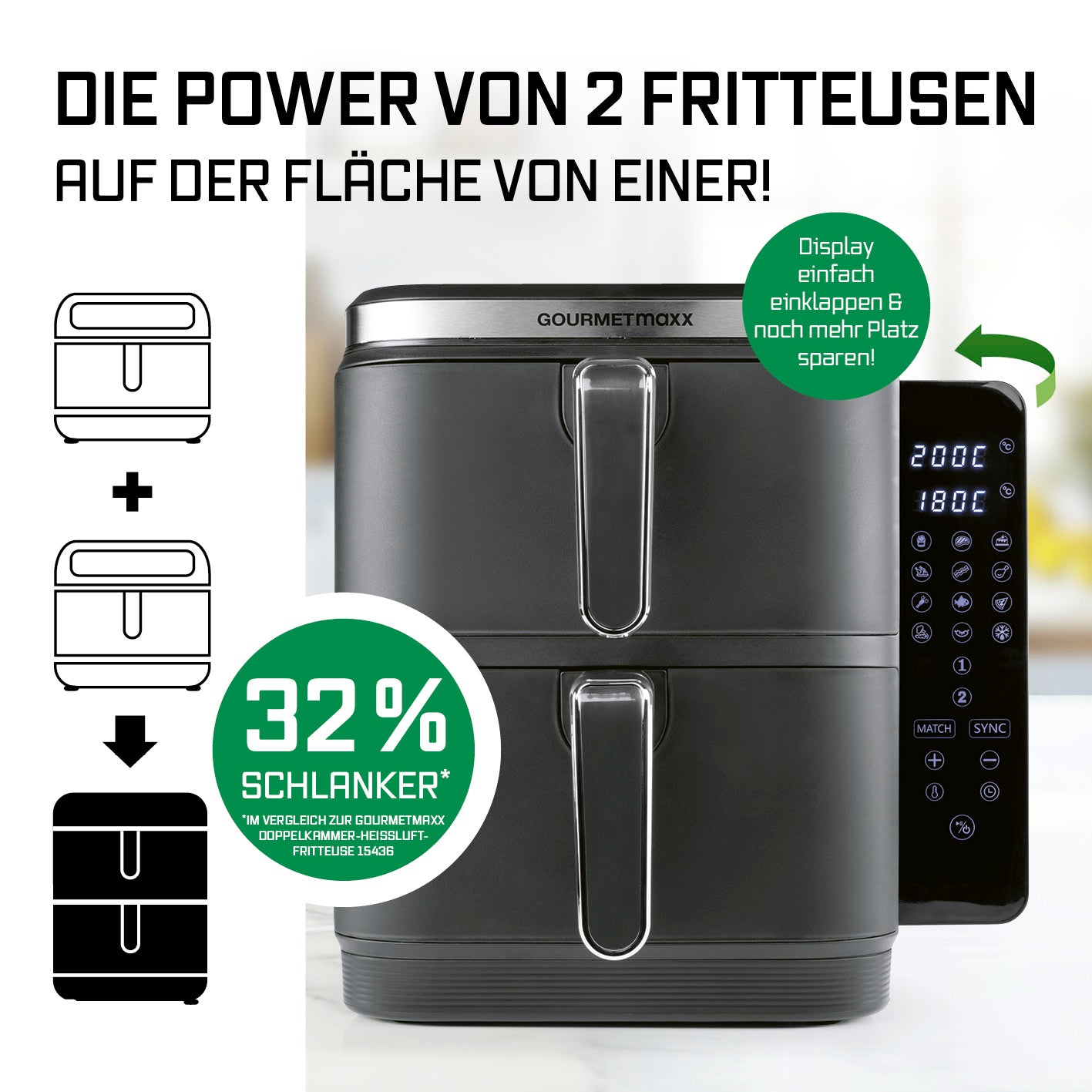 FryUp Vertikale Doppelkammer-Heißluftfritteuse - Grau mit 2 Frittierkammern und digitalem Display zur platzsparenden Zubereitung.