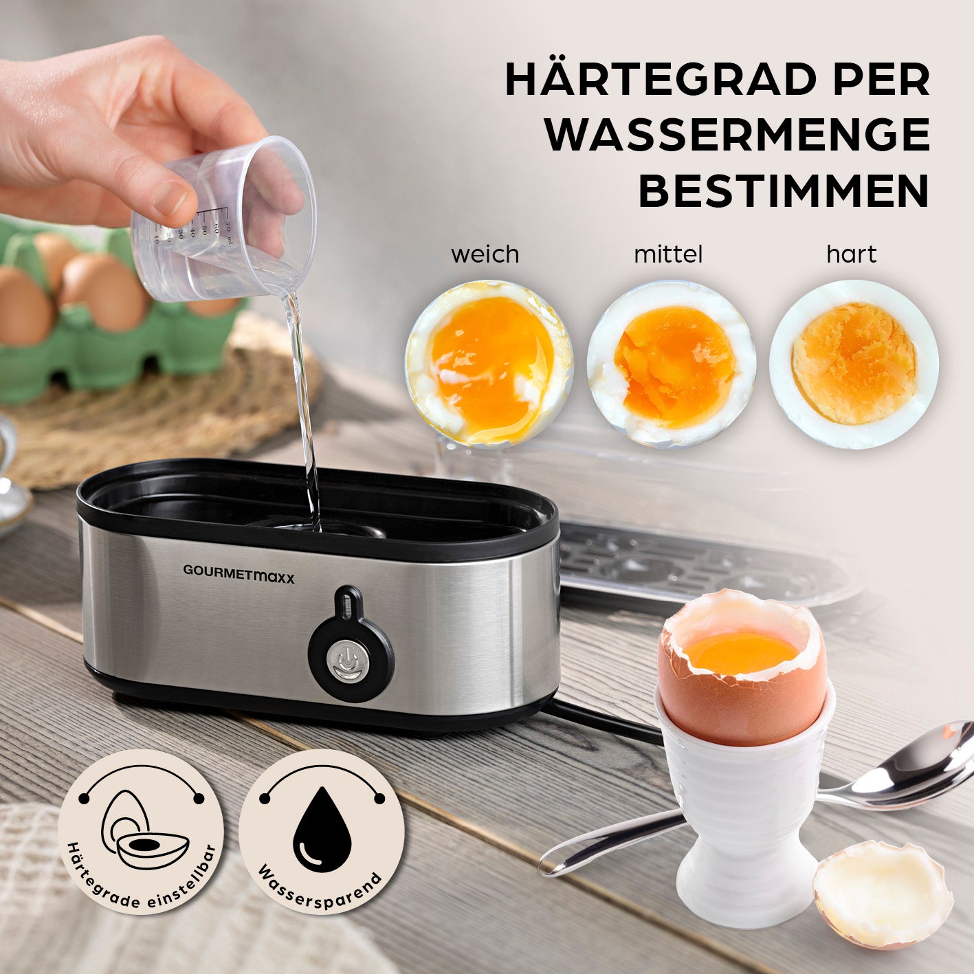 Design-Eierkocher 3 Eier - Edelstahl mit Wassermessbecher für perfekte Härtegrade weich, mittel oder hart, platzsparend und leicht zu reinigen