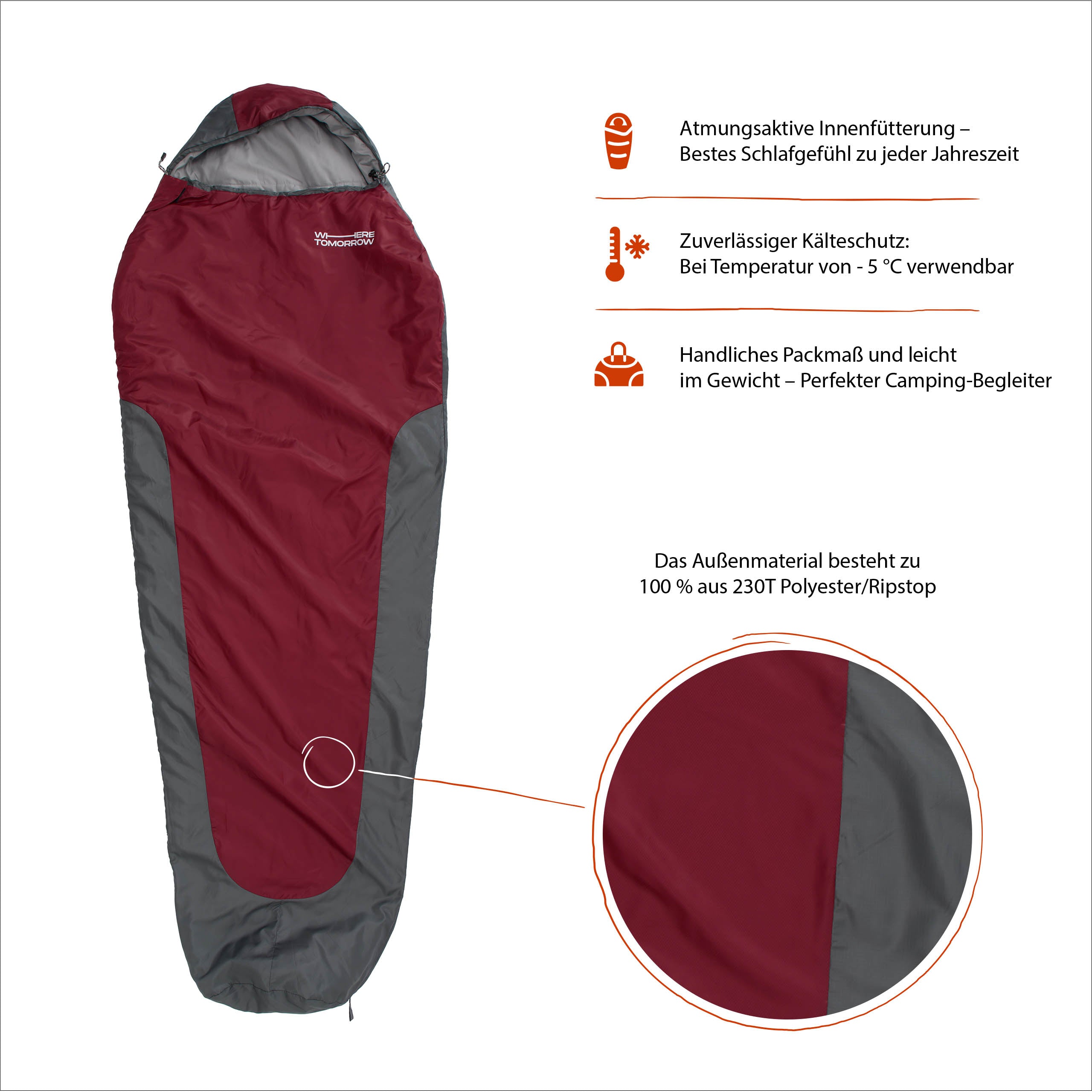 Camping Schlafsack Small & Light - Mumienschlafsack rot-grau mit wasserabweisendem Außenmaterial, Kälteschutz bis -5 °C und Atmungsaktivität.
