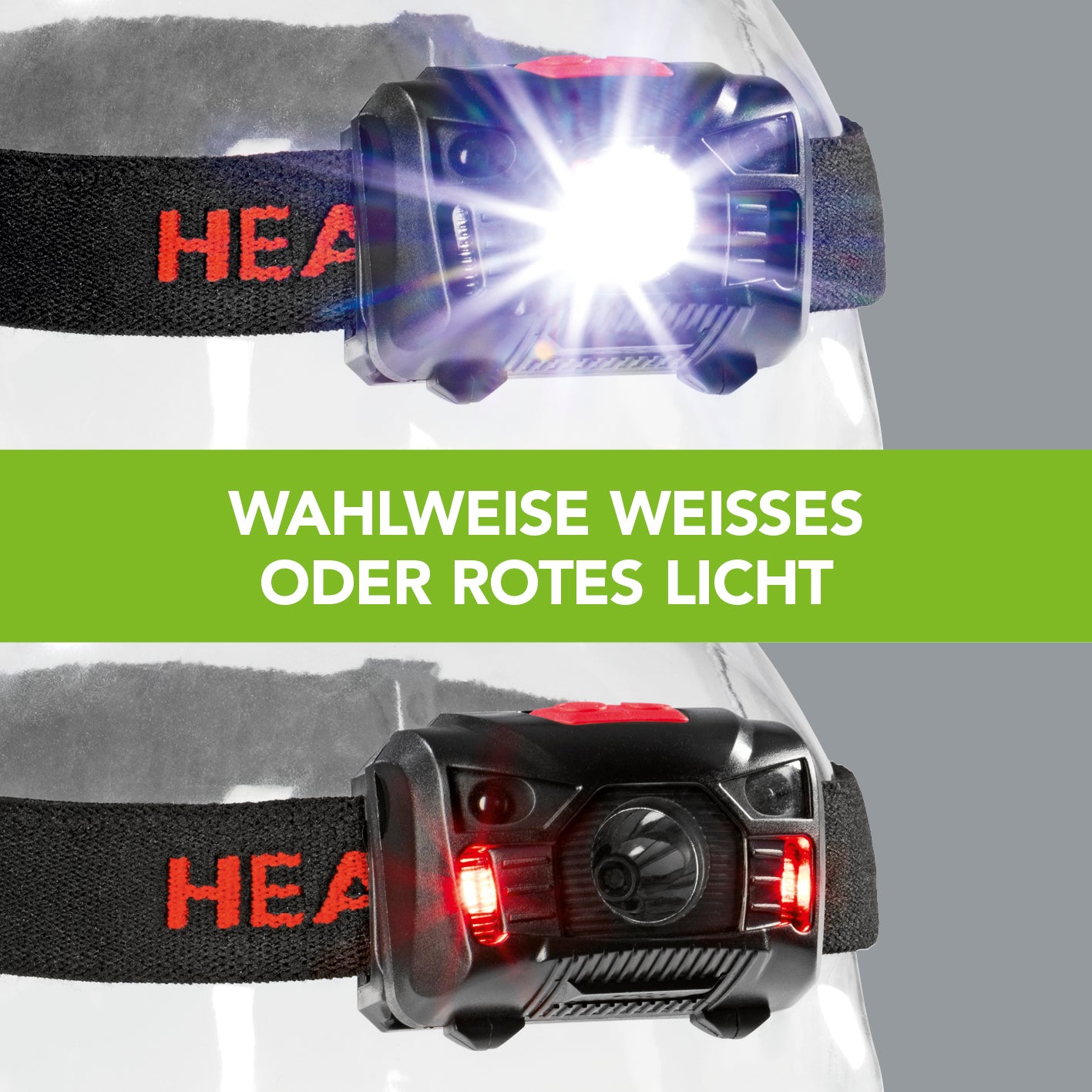 Stirnlampe schwarz/rot mit aktivierbarem Bewegungssensor und wählbarem weißem oder rotem Licht für optimale Sicht