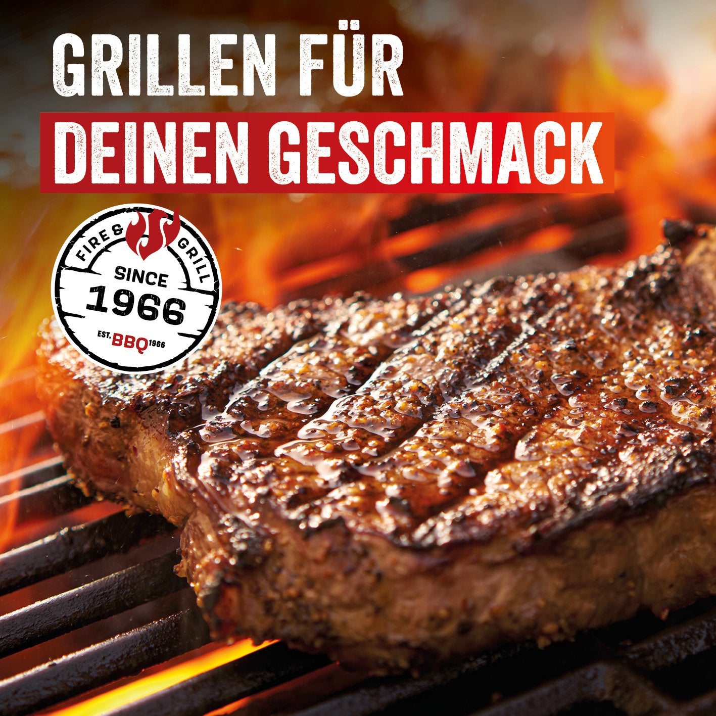 Triton 3.1 maxX Gasgrill mit Infrarotseitenbrenner zeigt saftiges Steak auf Grillrost mit Flammen im Hintergrund.