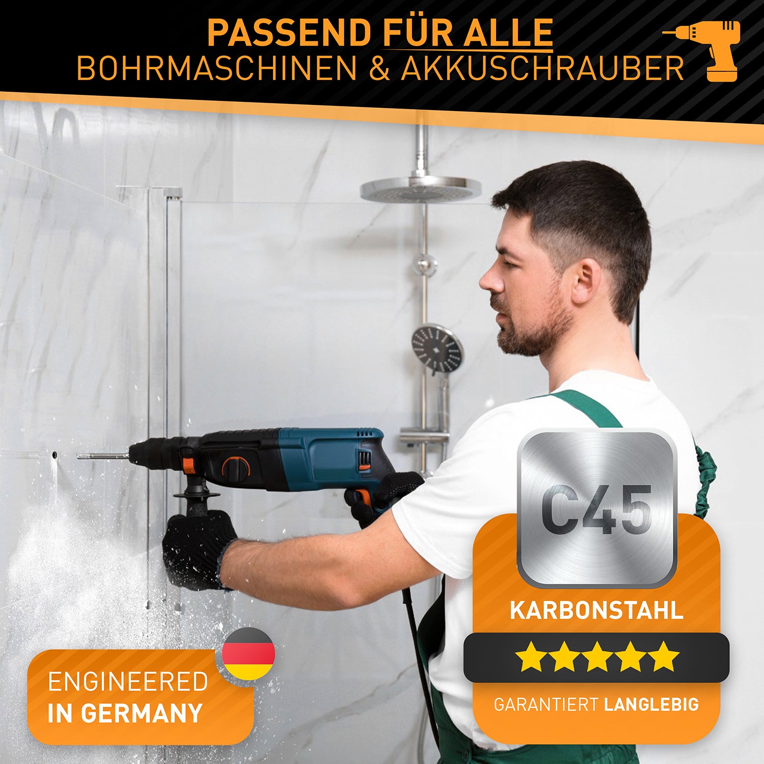 Fliesenbohrer Set 6-tlg. – inkl. Reinigungspin, präzise Diamantbohrer für Bohrmaschinen und Akkuschrauber, langlebig durch Karbonstahl C45.