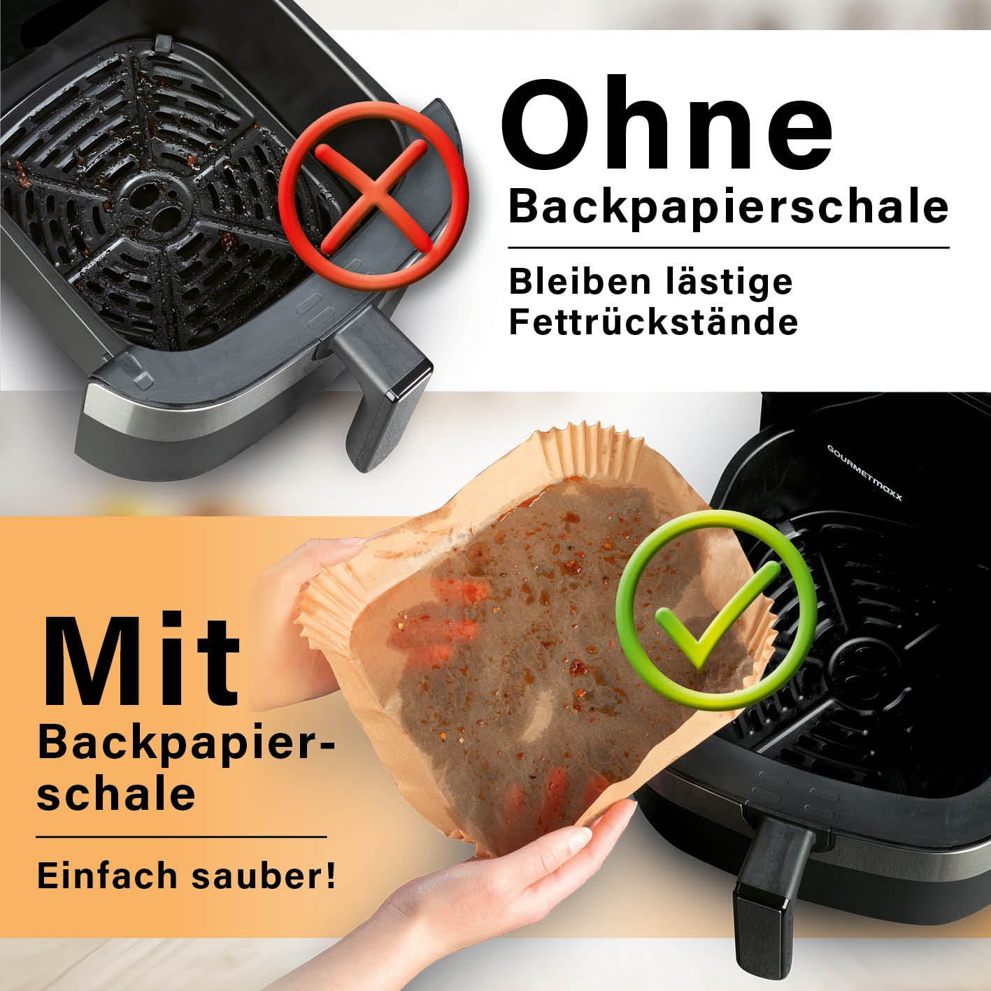 Backpapierschalen für Heißluftfritteusen (5–8 l) - 50 Stück schütz vor Fett und Speiseresten für eine saubere Fritteuse.