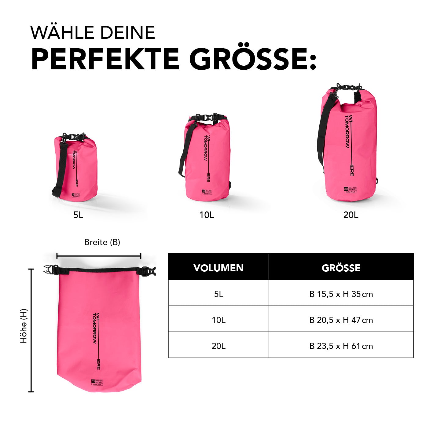 Dry Bag 5L - Style 02 - Pink wasserdichter, robuster Outdoor-Rucksack mit UV-Schutz und verstellbarem Schultergurt.