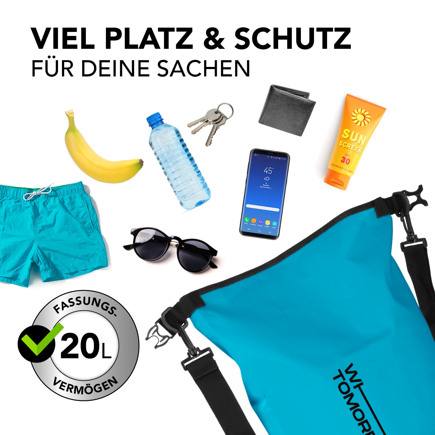 Dry Bag 20L - Style 02 - Himmelblau robuster, wasserdichter Outdoor-Rucksack mit 20L Fassungsvermögen und UV-Schutz.