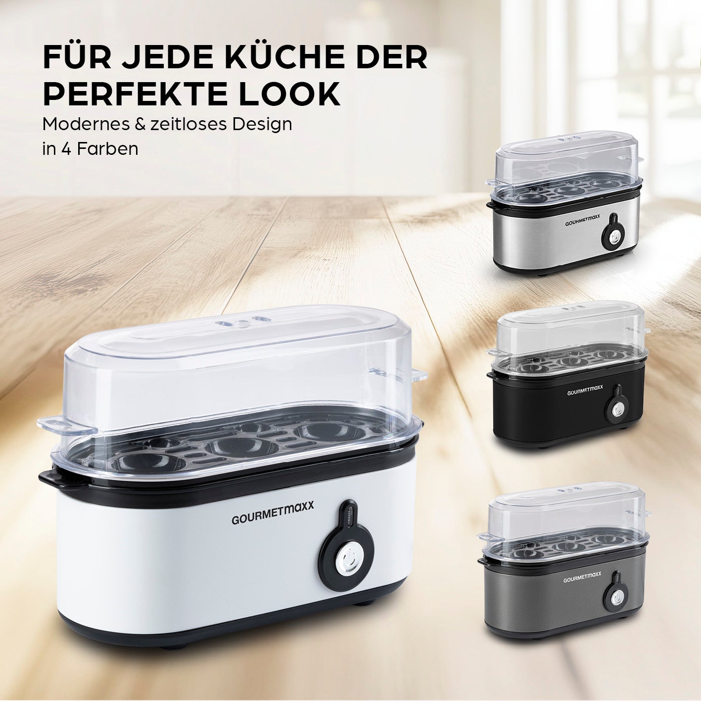 Design-Eierkocher 3 Eier - Weiß mit modernem Design und kompakter Bauweise, perfekt für einfache und schnelle Eierzubereitung zuhause.