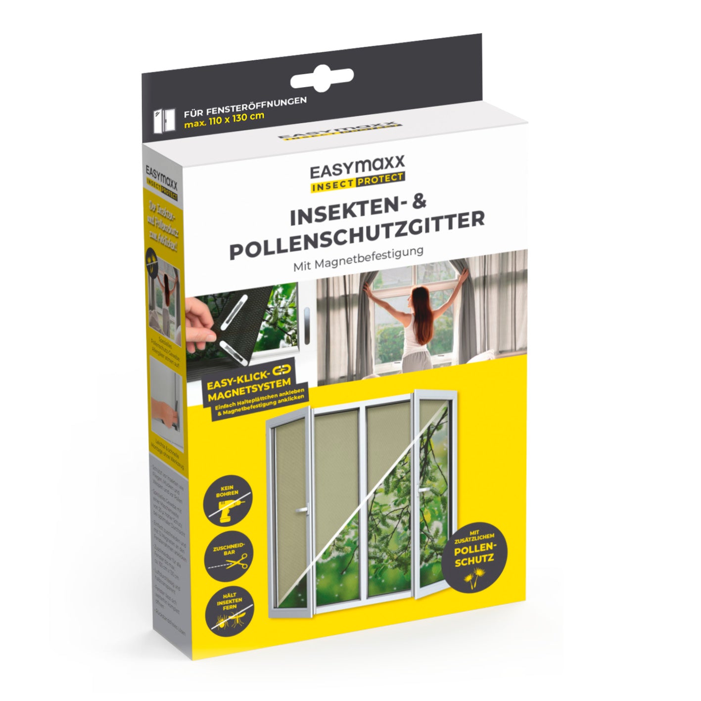 Insekten- & Pollenschutzgitter mit Magnetbefestigung - 2er-Set - 110 x 130 cm - Schwarz, Fliegennetz für Fenster, pollendicht, leicht montierbar.
