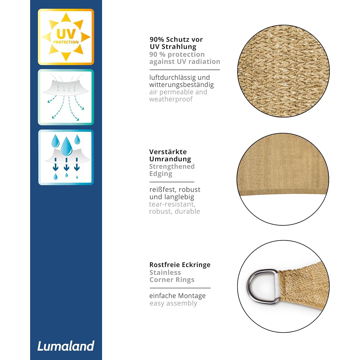 Sonnensegel 100% HDPE mit Stabilisator für UV-Schutz - Quadrat 5 x 5 Meter - Sand, robust, UV-beständig und rostfreie Eckringe.