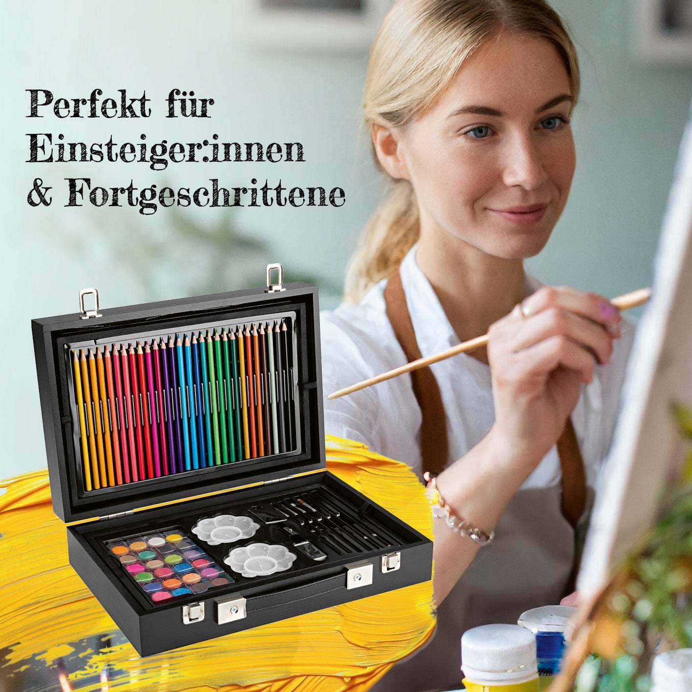 Mal- und Zeichenkoffer - 145-tlg. mit vielfältigen Farben und Werkzeugen, ideal für Einsteiger:innen und Fortgeschrittene.