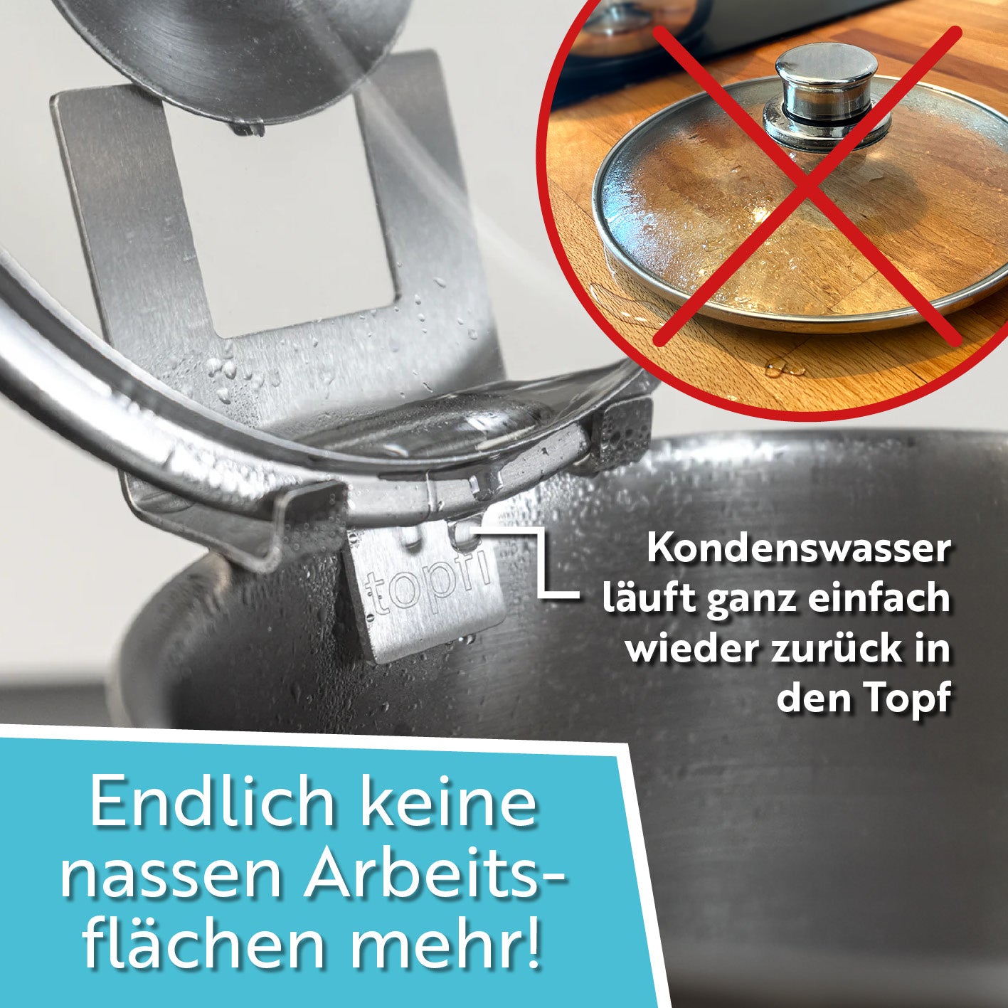 Topfdeckelhalter für Töpfe & Pfannen - 2er-Set aus Edelstahl, verhindert nasse Arbeitsflächen durch Kondenswasserablauf.