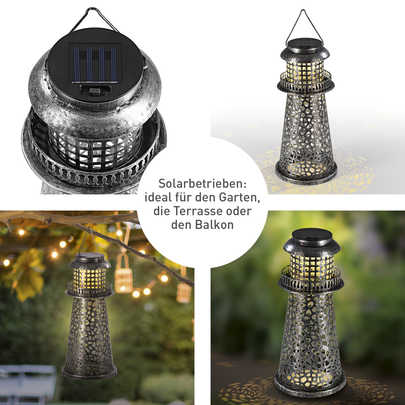 Solar-Leuchte Leuchtturm - silber mit perforiertem Metall-Design, solarbetrieben, kabellos, ideal für Garten, Terrasse und Balkon.