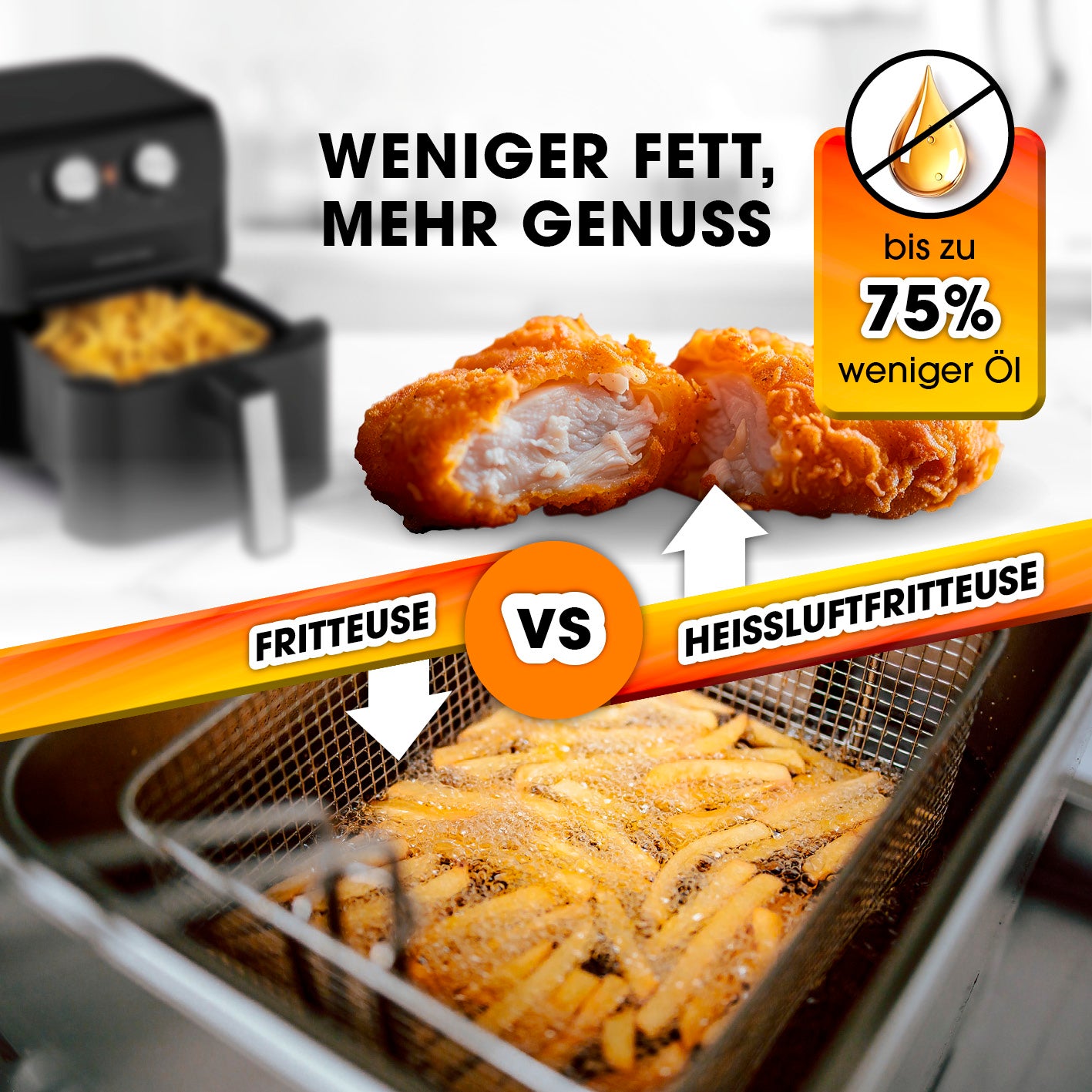 Heißluftfritteuse mit 4 Litern Fassungsvermögen - 1400 Watt für fettarmes, knuspriges Garen mit bis zu 75% weniger Öl.