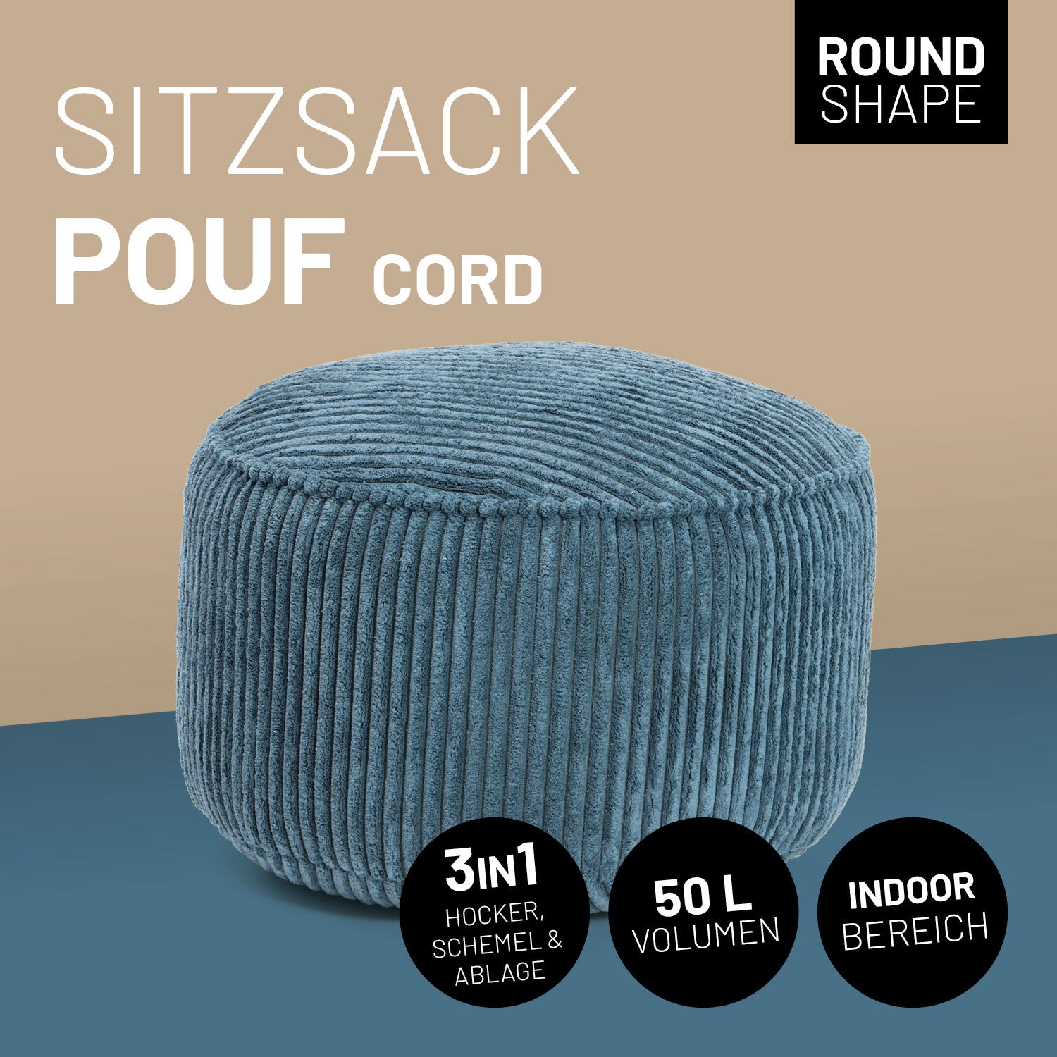Sitzsack Pouf aus der Cord-Reihe - Navyblau mit geripptem Stoff, 3in1 Funktion als Hocker, Schemel und Ablage für den Innenbereich.