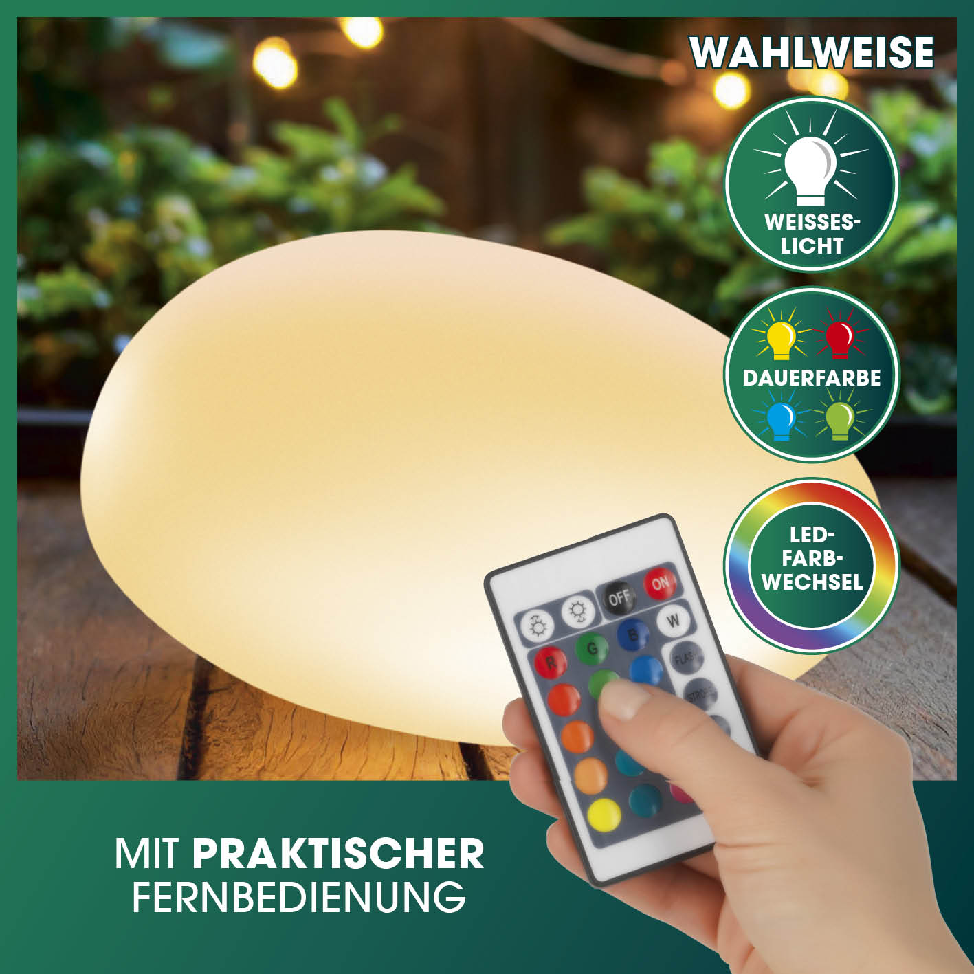 Solar-Leuchte Stein mit Farbwechsel - 2er-Set mit Fernbedienung für warmweißes Licht und stimmungsvollen Farbwechsel im Stein-Design.