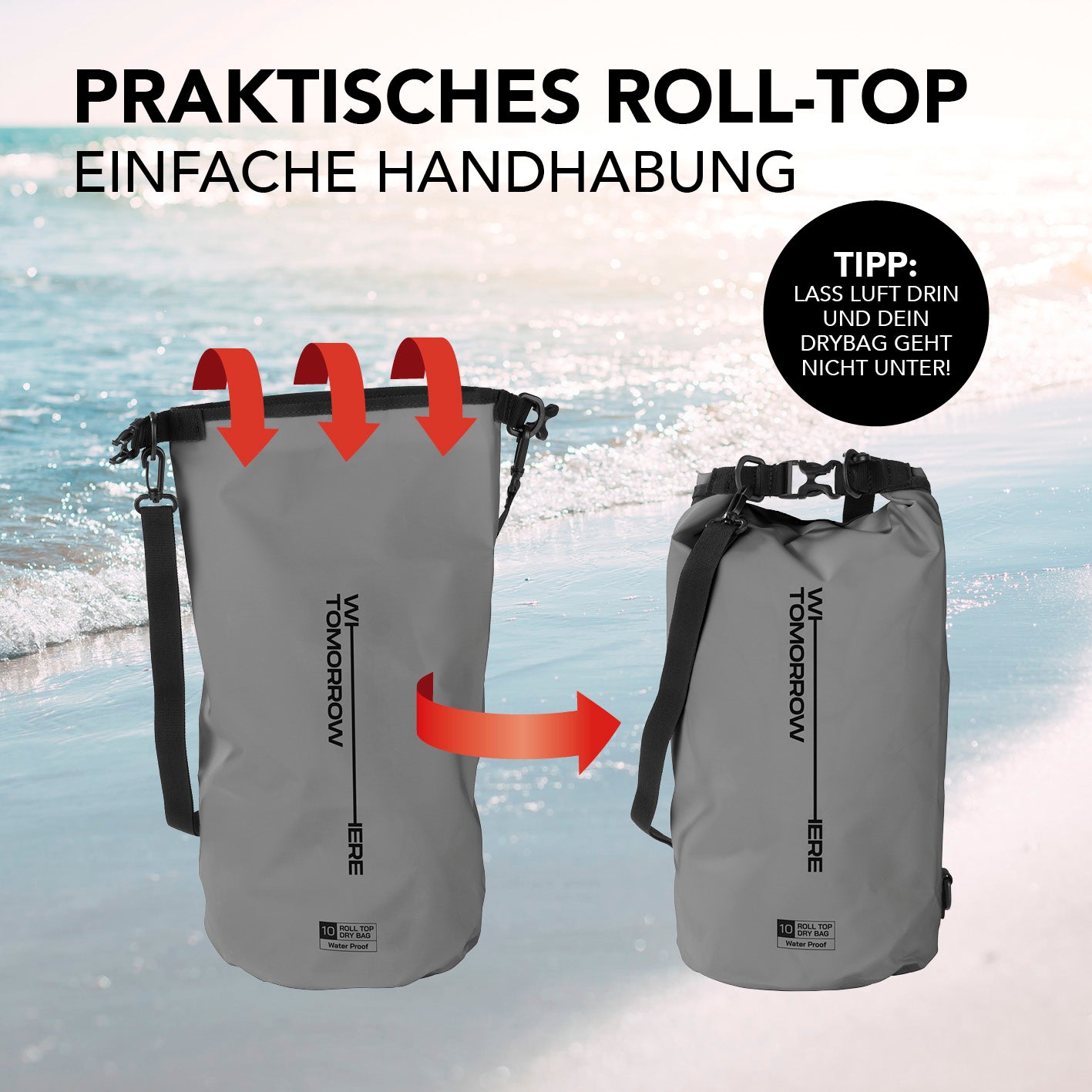 Dry Bag 10L - Style 02 - Grau mit praktischem Rolltop-Verschluss, wasserdicht und robust für Outdoor-Abenteuer.