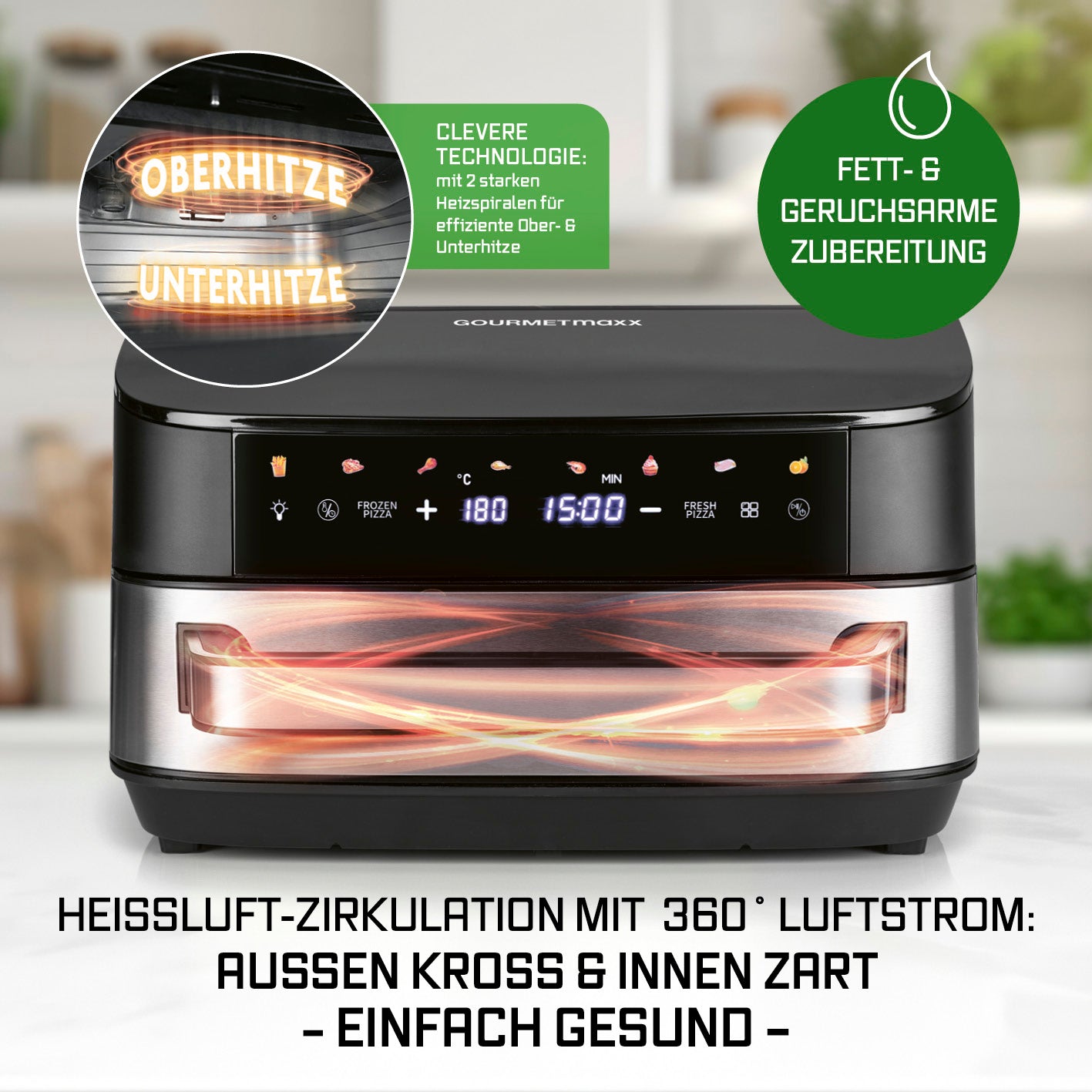 Heißluftfritteuse mit XXL-Garfläche - 7 Liter mit 360° Luftstrom, Ober-/Unterhitze für fettarme, gesunde Zubereitung und großes Touchscreen-Display.