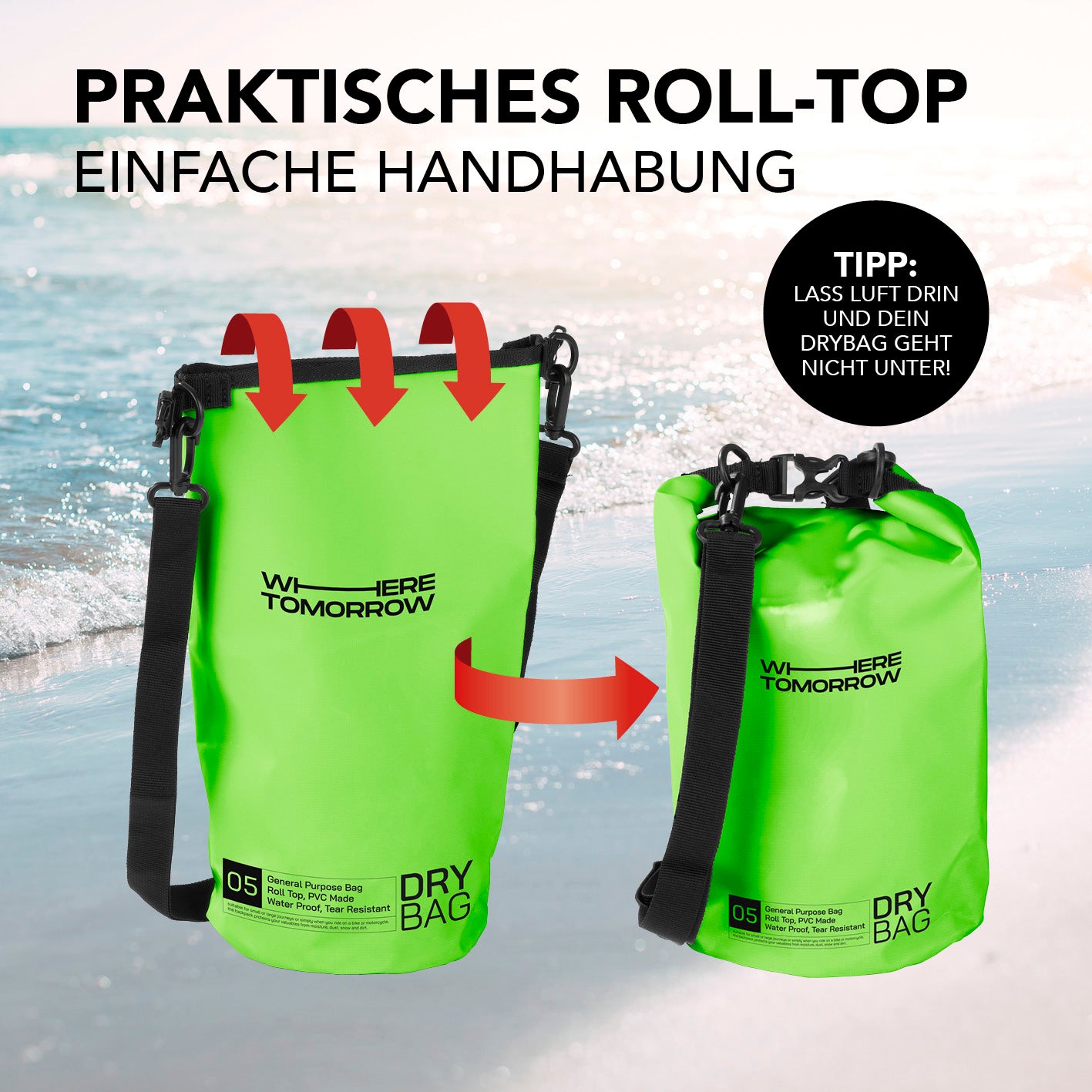 Dry Bag 5L - Style 01 - Grün mit wasserdichtem Rolltop-Verschluss und praktischem Schultergurt für Outdoor-Abenteuer.