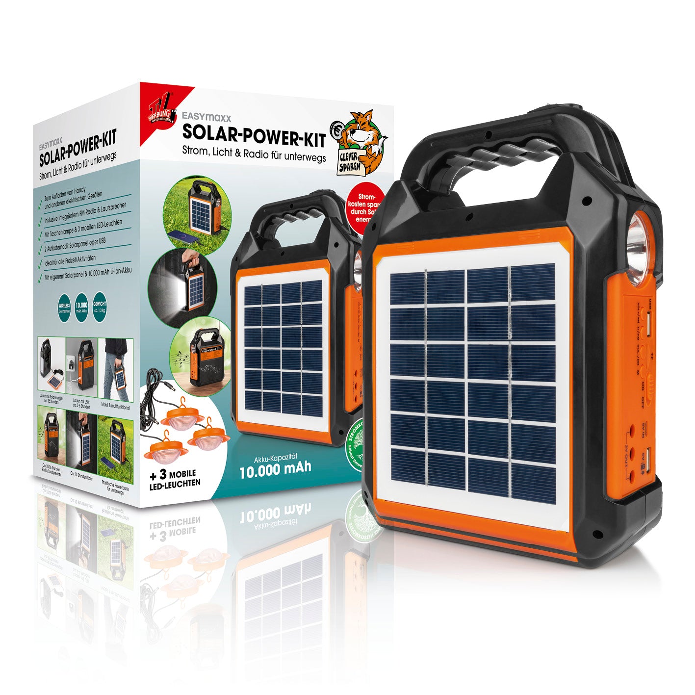 Solar-Generator Kit 10000mAh mit Solarpanel, LED-Leuchten, Taschenlampe, FM-Radio und USB-Lademöglichkeiten für unterwegs.