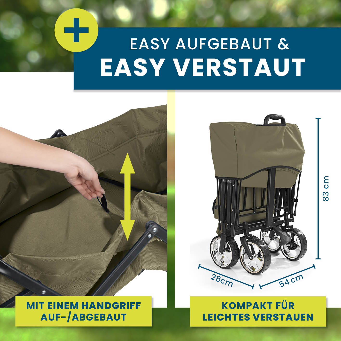 Faltbarer Bollerwagen - Beige leicht aufbaubar und kompakt verstaubar mit praktischem Handgriff und stabilem Rahmen.