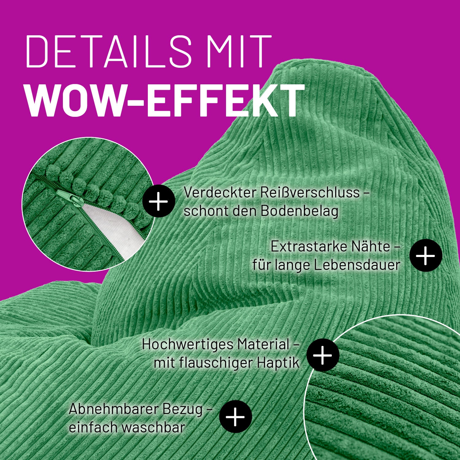 Sitzsack GIANT aus der Cord-Reihe - Dunkelgrün mit verdecktem Reißverschluss, verstärkten Nähten und abnehmbarem, waschbarem Bezug.