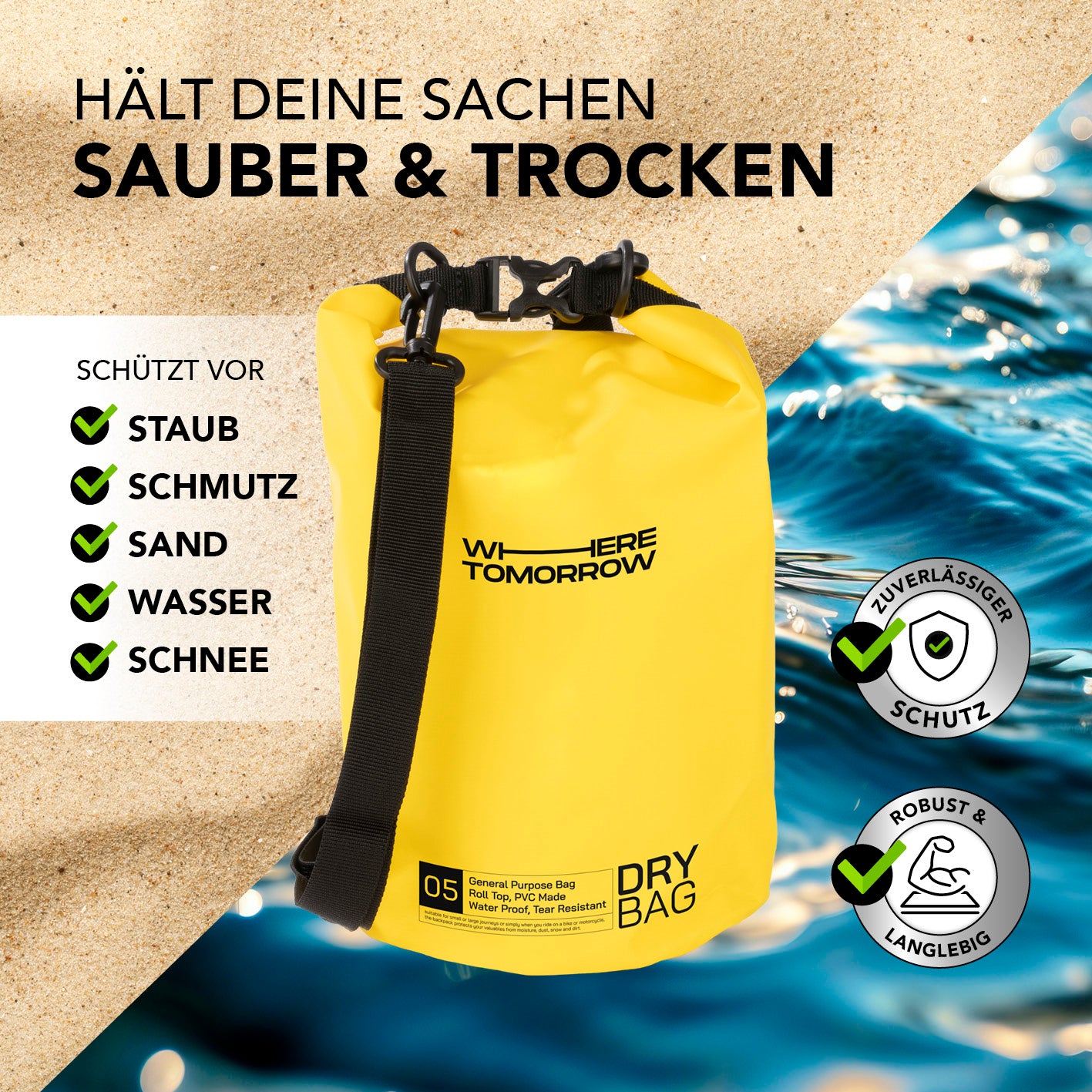 Dry Bag 5L - Style 01 - Gelb wasserfester Rucksack mit Rolltop, robust, schützt vor Staub, Schmutz, Wasser, Sand und Schnee beim Outdoor-Einsatz.