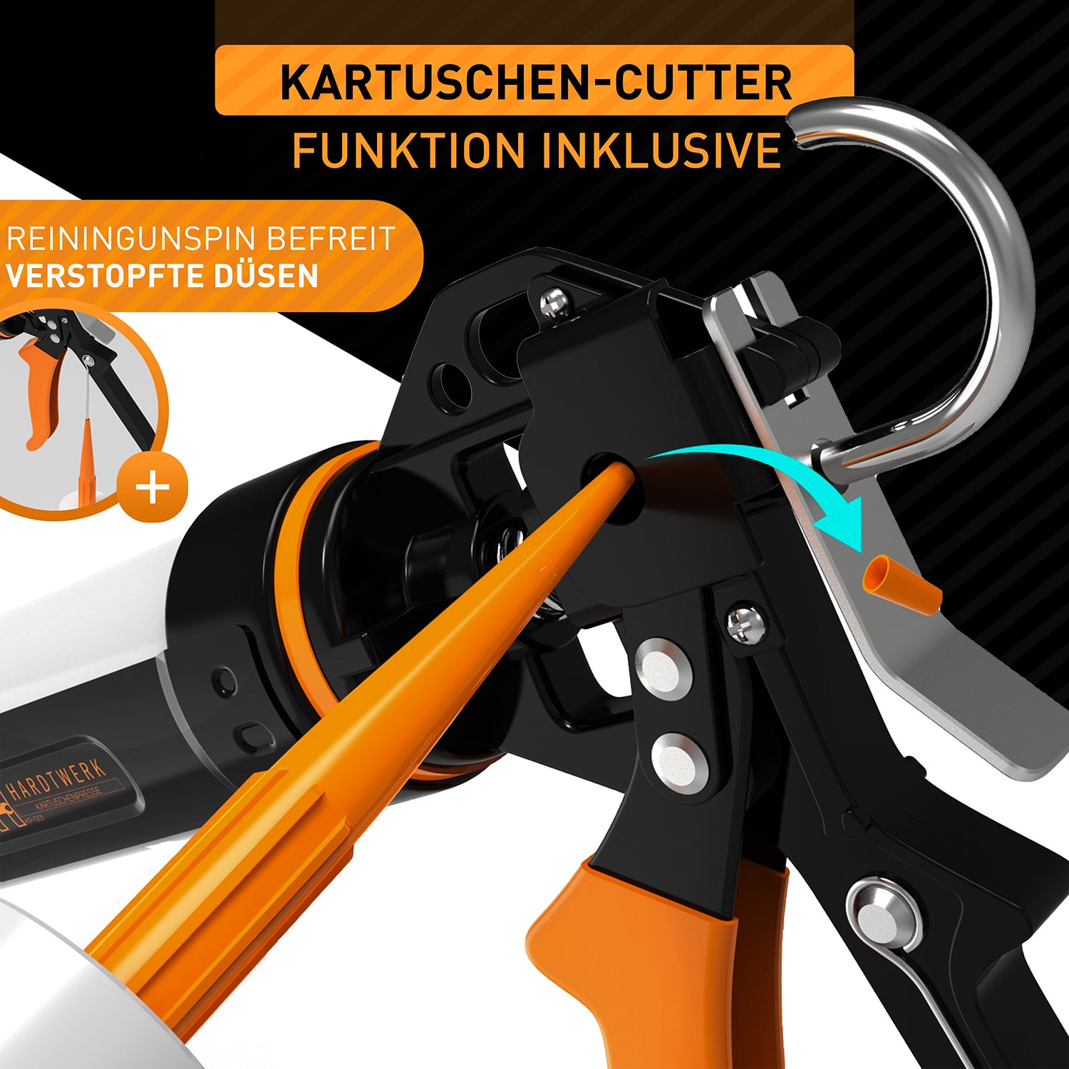 Profi Kartuschenpresse mit Kartuschen-Cutter zeigt Cutterfunktion und Reinigungsstift zur Befreiung verstopfter Düsen.
