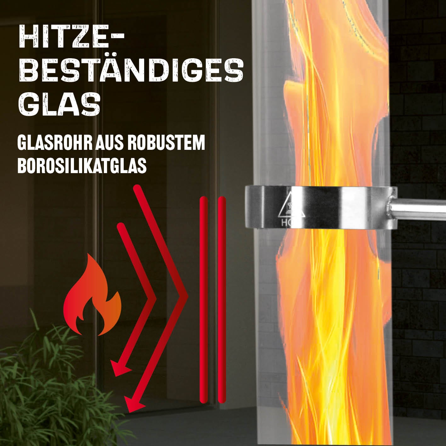 Pellet-Feuersäule mit hitzebeständigem Glasrohr aus robustem Borosilikatglas für sicheres und langlebiges Flammenspiel.