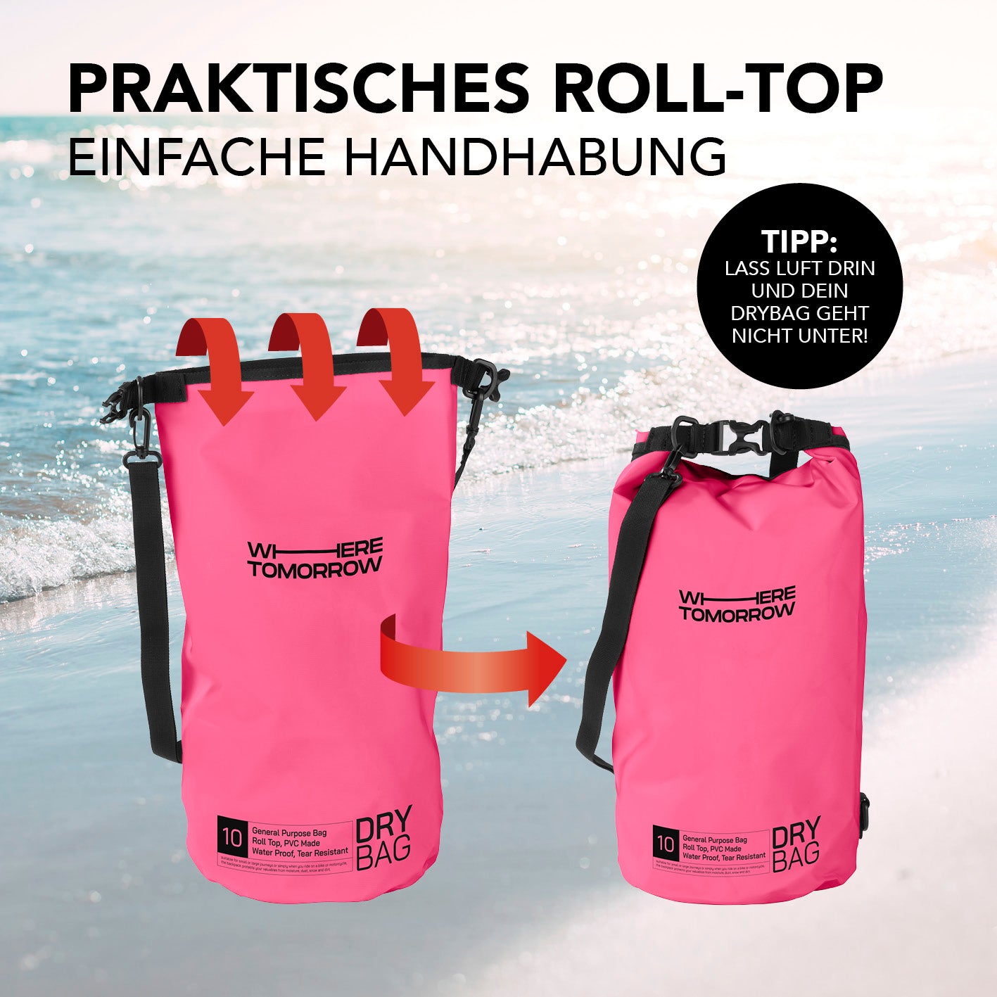 Dry Bag 10L - Style 01 - Pink mit wasserdichtem Rolltop-Verschluss und verstellbarem Schultergurt für Outdoor-Abenteuer.