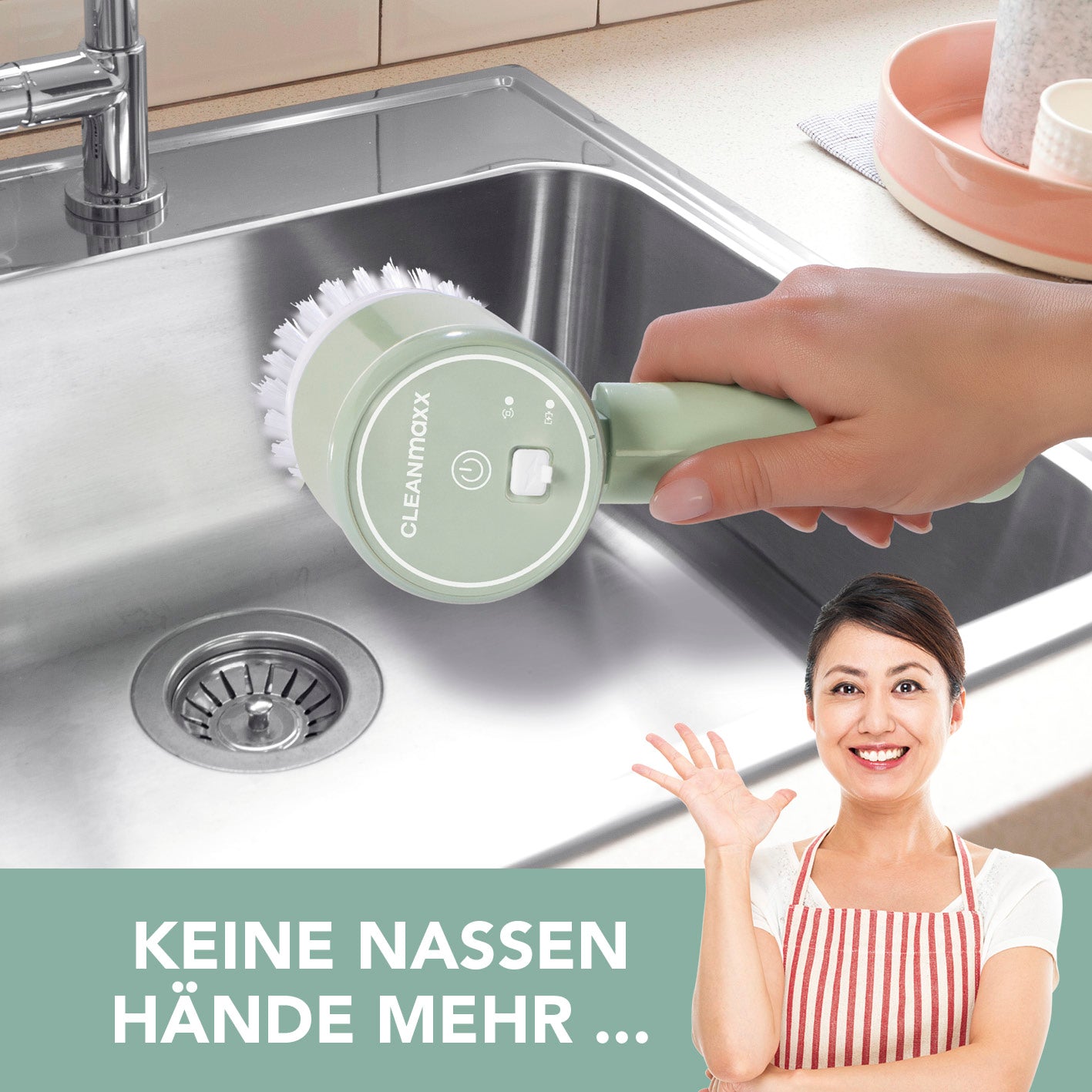 Akku-Reinigungsbürste - 2 Geschwindigkeitsstufen reinigt Waschbecken kabellos mit 3 Aufsätzen und bis zu 30 Minuten Akkulaufzeit.