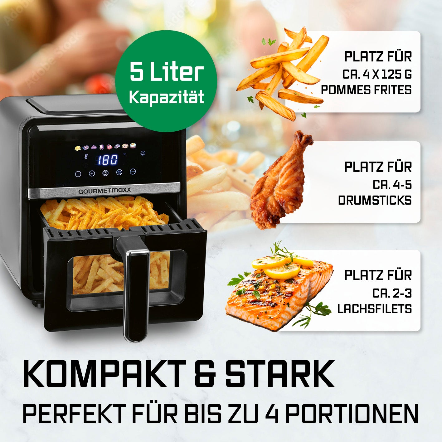 Heißluftfritteuse - 5 Liter mit digitalem Display, 5 Liter Kapazität, ideal für Pommes, Drumsticks und Lachsfilets für bis zu 4 Personen.
