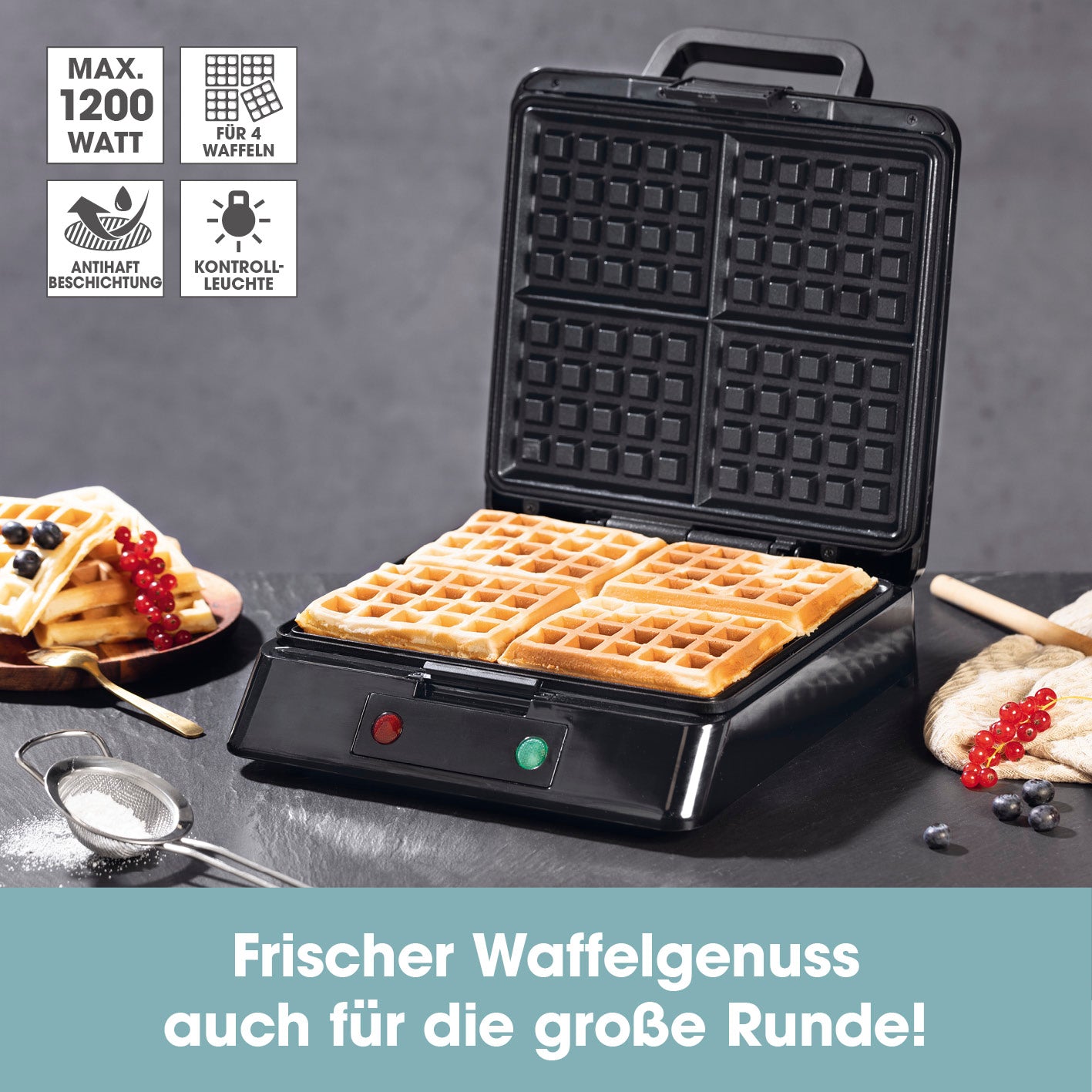 Waffeleisen für Belgische Waffeln mit Antihaftbeschichtung, stufenlos einstellbarem Bräunungsgrad und Platz für vier Waffeln.