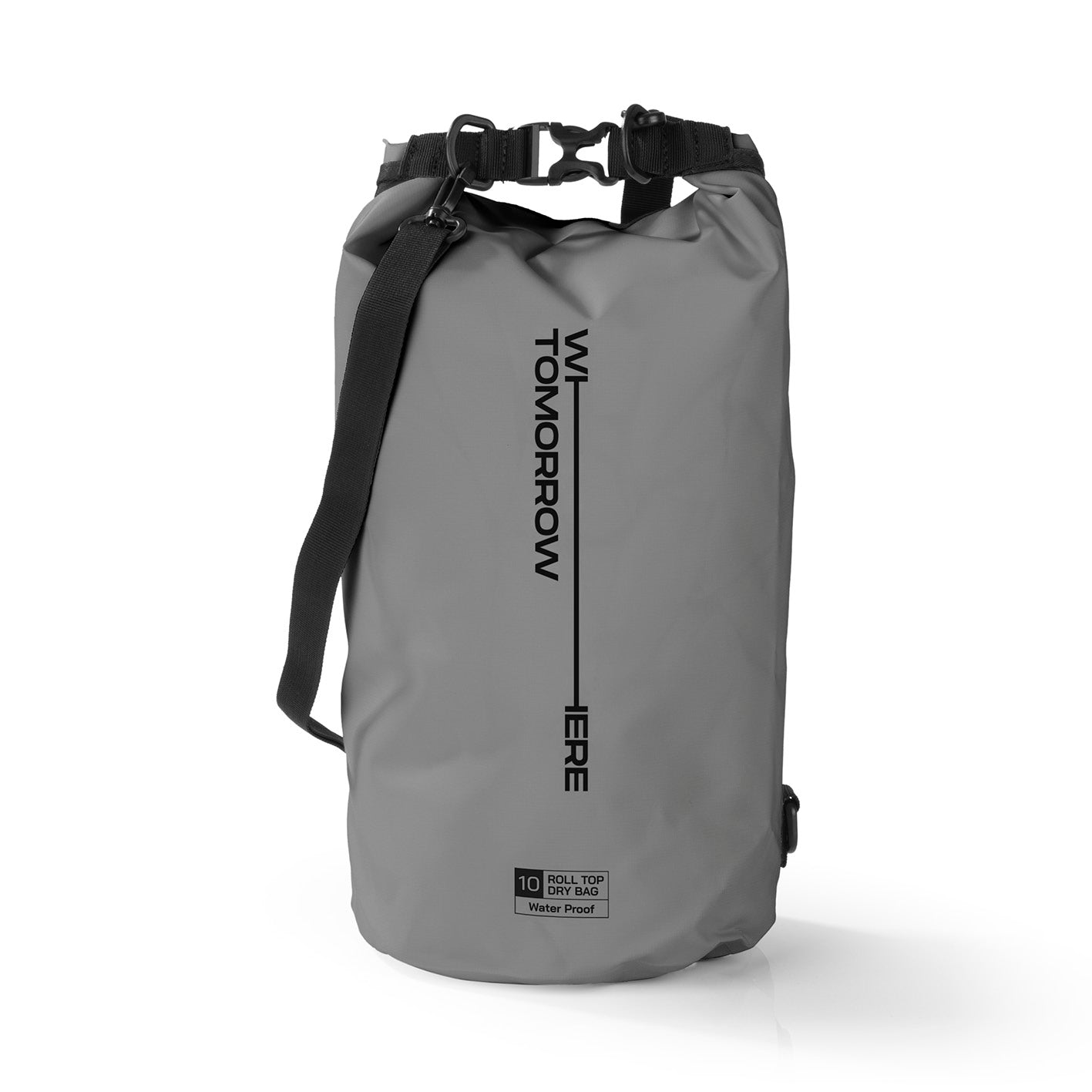 Dry Bag 10L - Style 02 - Grau, wasserdichter, robuster Outdoor-Rucksack mit Rolltop-Verschluss und verstellbarem Schultergurt.