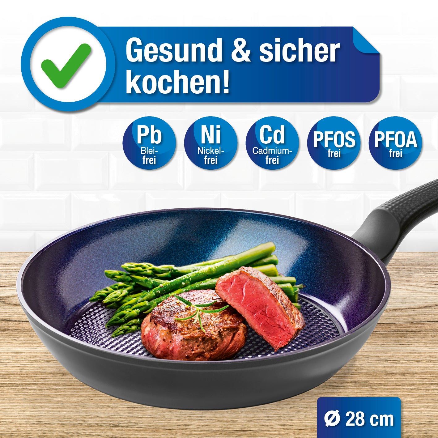 Aluminium-Bratpfanne Ø 28 cm mit Keramik-Antihaftbeschichtung, für alle Herdarten, gesundes und sicheres Kochen ohne Schadstoffe.