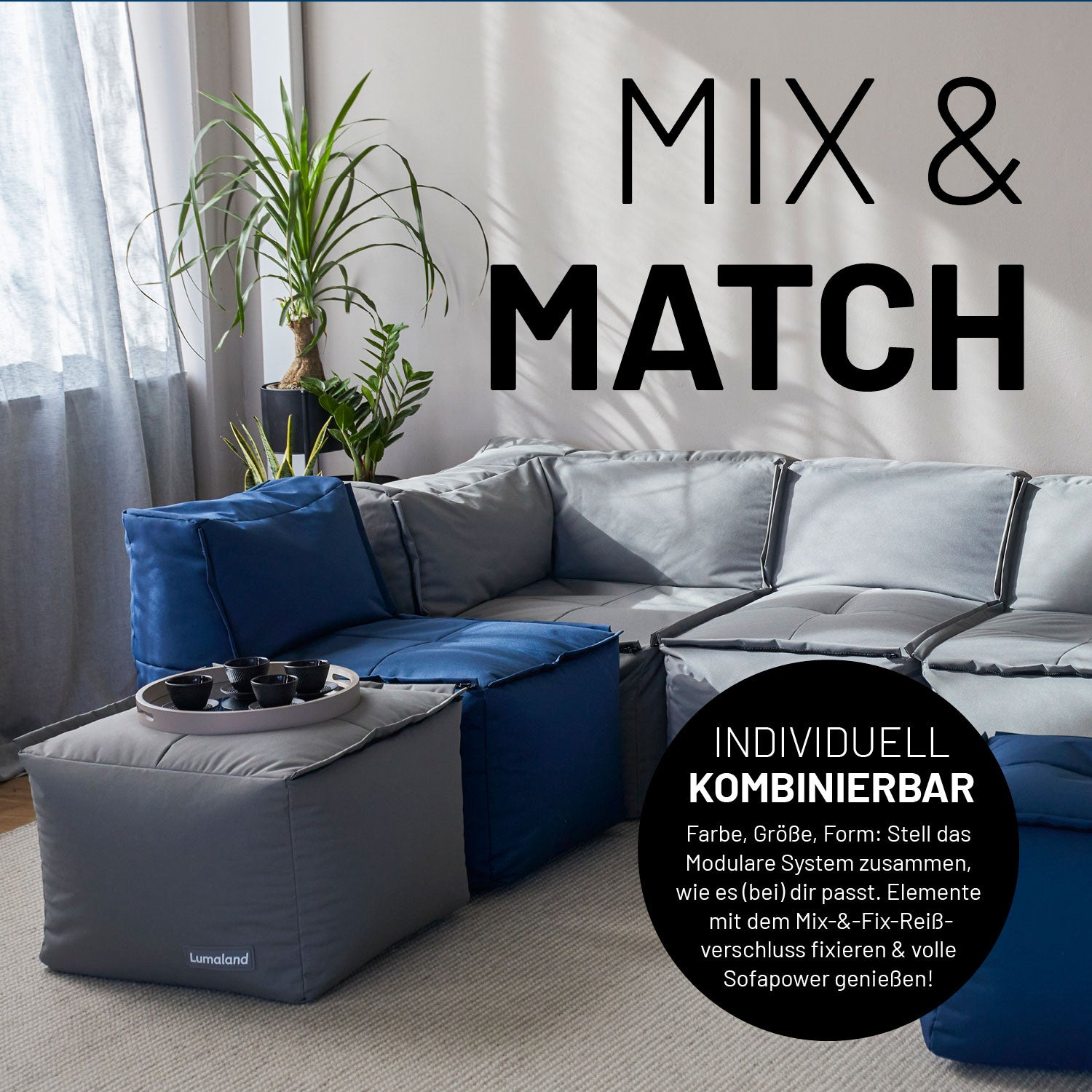 Sitzsack-Hocker (200 L) navyblau im modularen System, indoor & outdoor, vielseitig kombinierbar mit Mix-&-Fix-Reißverschluss.