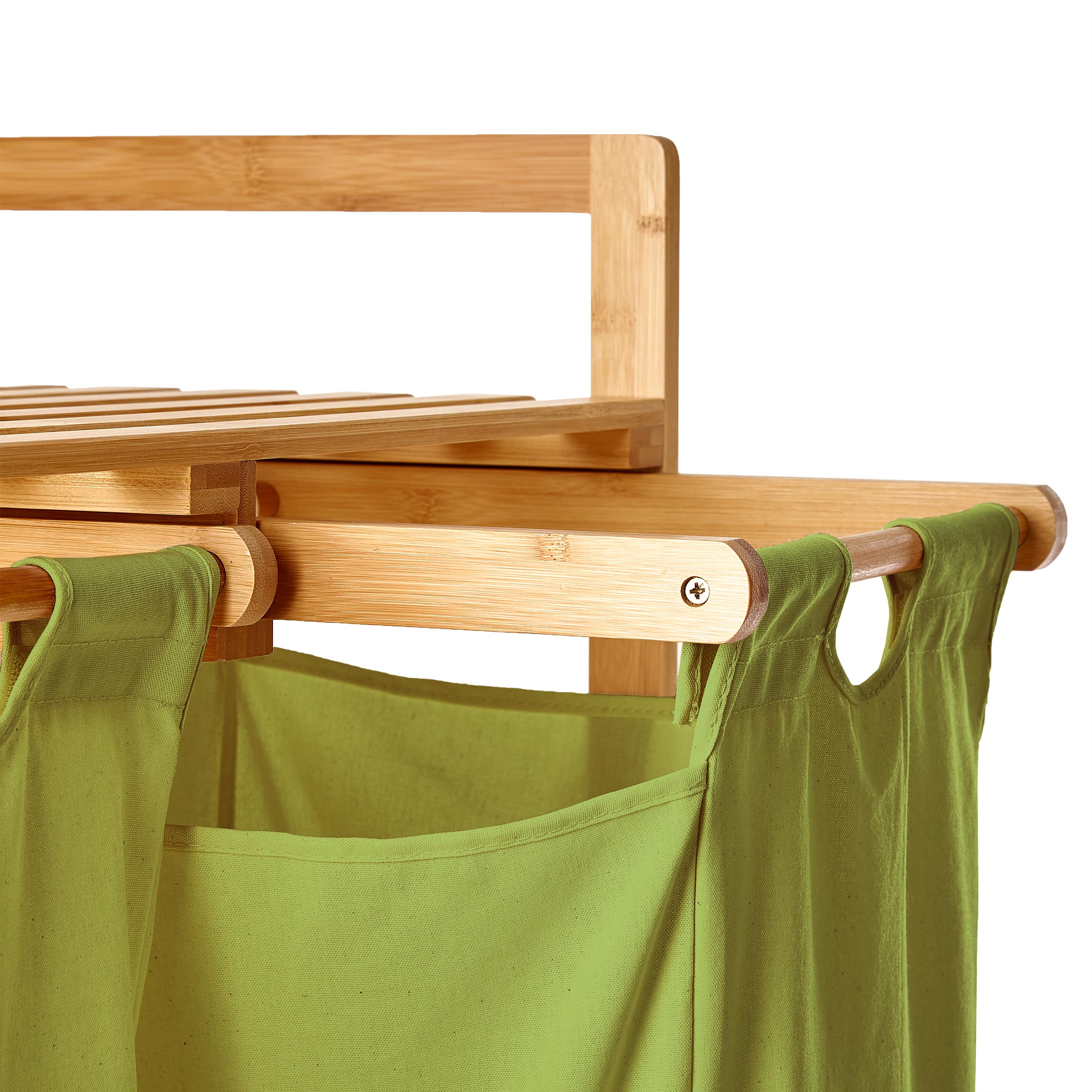 Bambus Wäschekorb mit 2 ausziehbaren grünen Wäschesäcken, 73 x 64 x 33 cm, stabil und pflegeleicht.