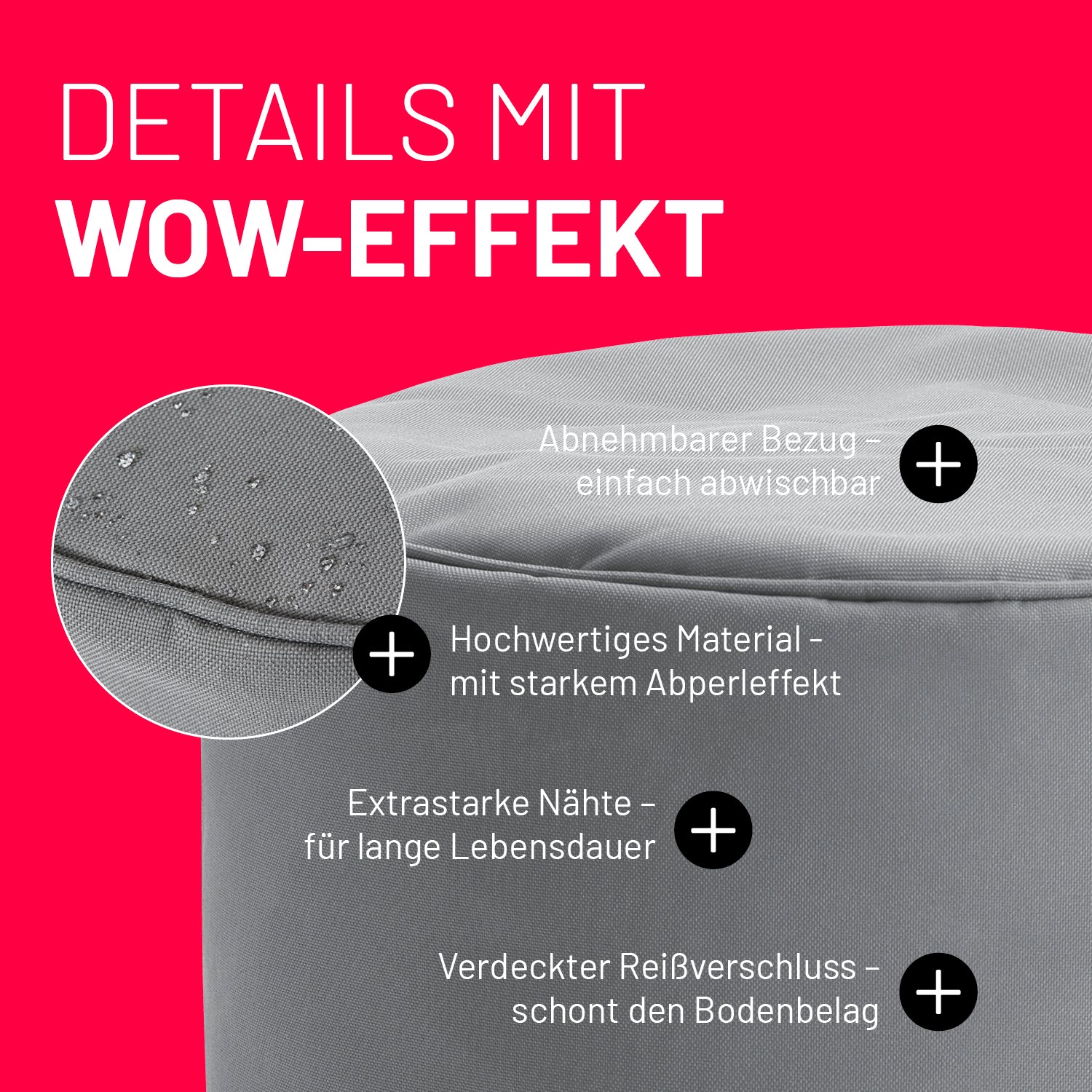 Sitzsack-Hocker/Pouf (50 L) Grau mit abnehmbarem Bezug, starkem Abperleffekt, extrastarken Nähten und verdecktem Reißverschluss für in- und outdoor.