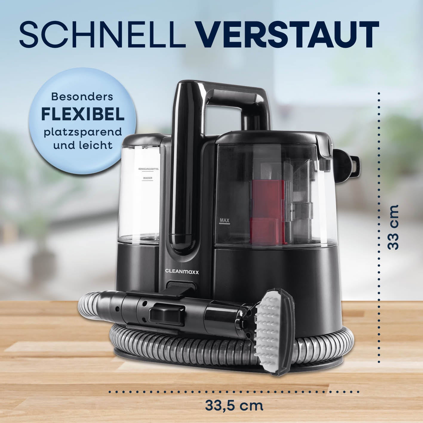 Polster- & Teppichreiniger Pro mit kompaktem Design, 11 kPa Saugleistung und flexiblem 1,2-m-Schlauch für gründliche Reinigung.