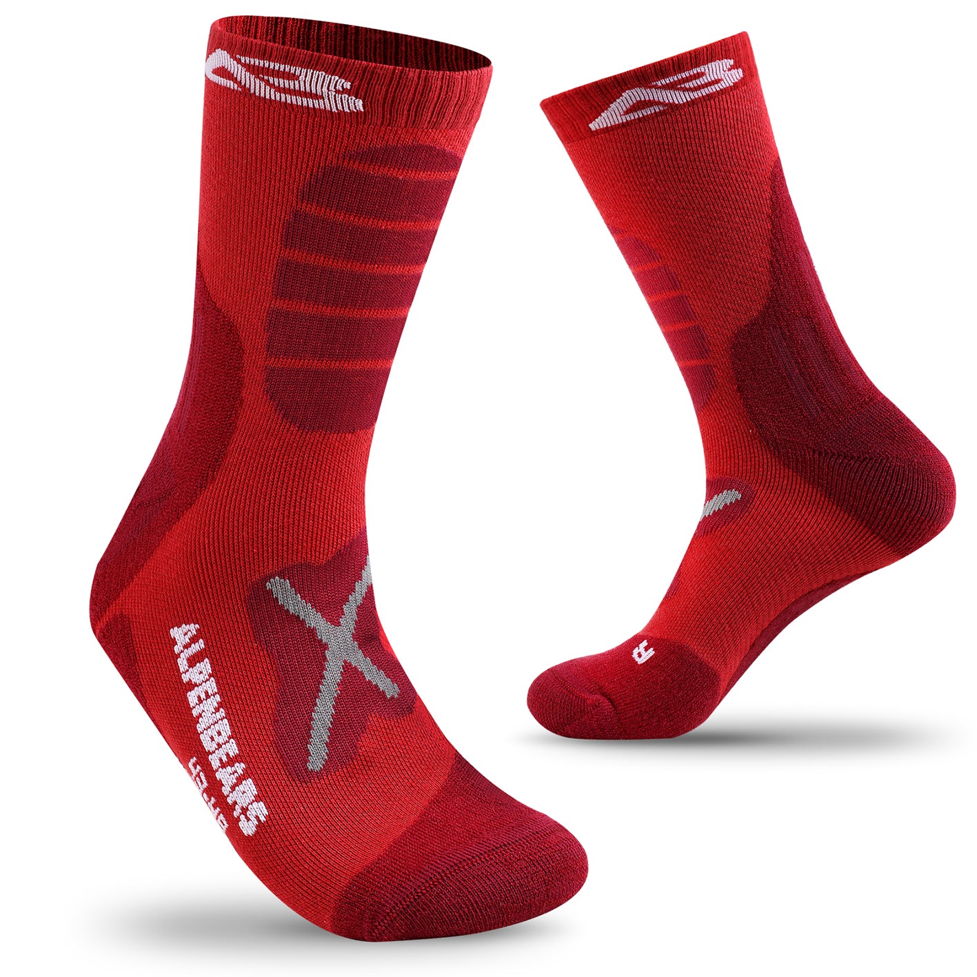 Wandersocken Merino Wolle - 2er-Set - Rot - Größe 43-48, atmungsaktiv, blasenfrei und gepolstert für Wandern und Alltag.